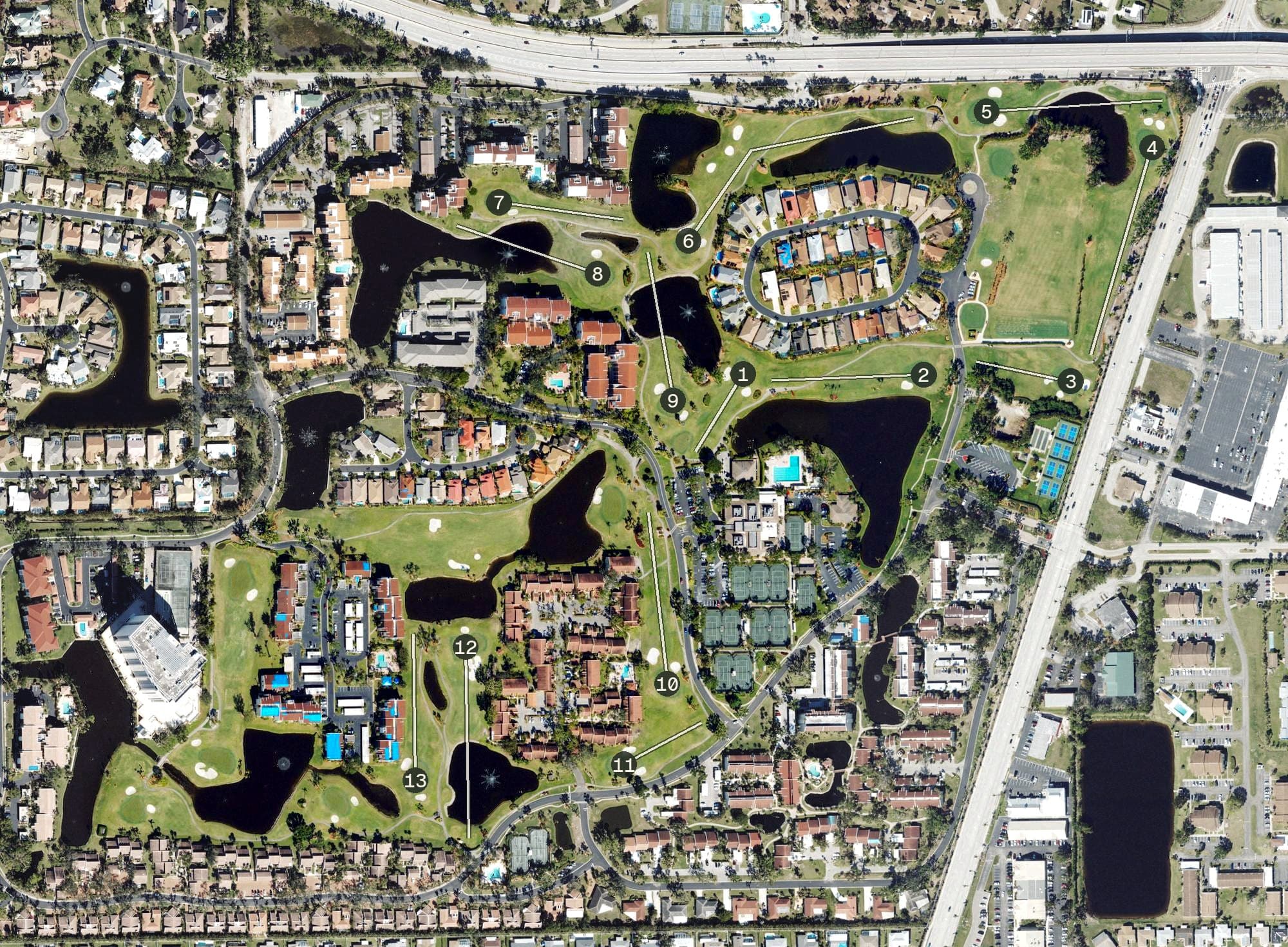 Aerial view of Landings Yacht, Golf and Tennis Club, FL, with its hole routing marked