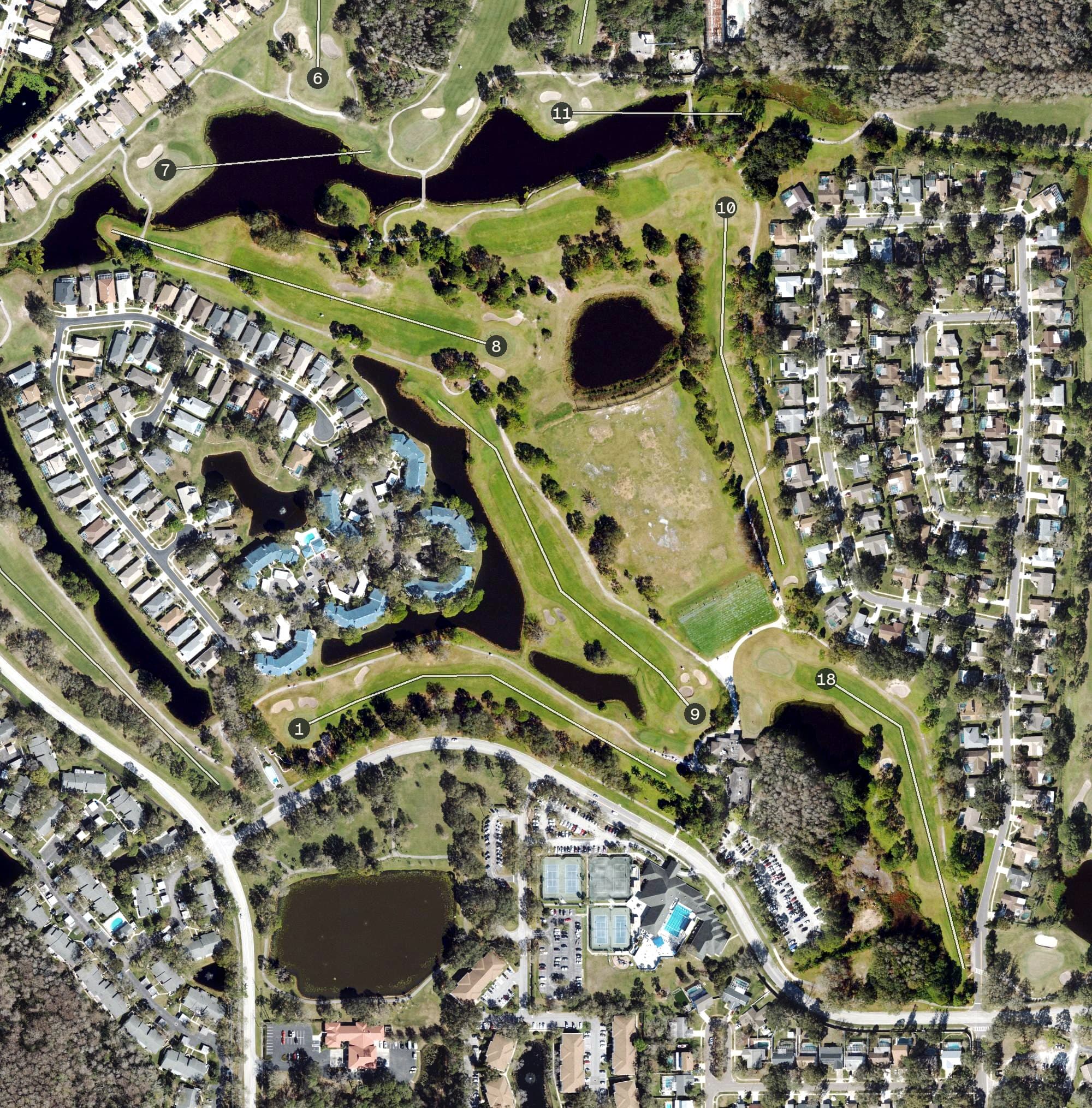 Aerial view of Lansbrook Golf Club, FL, with its hole routing marked
