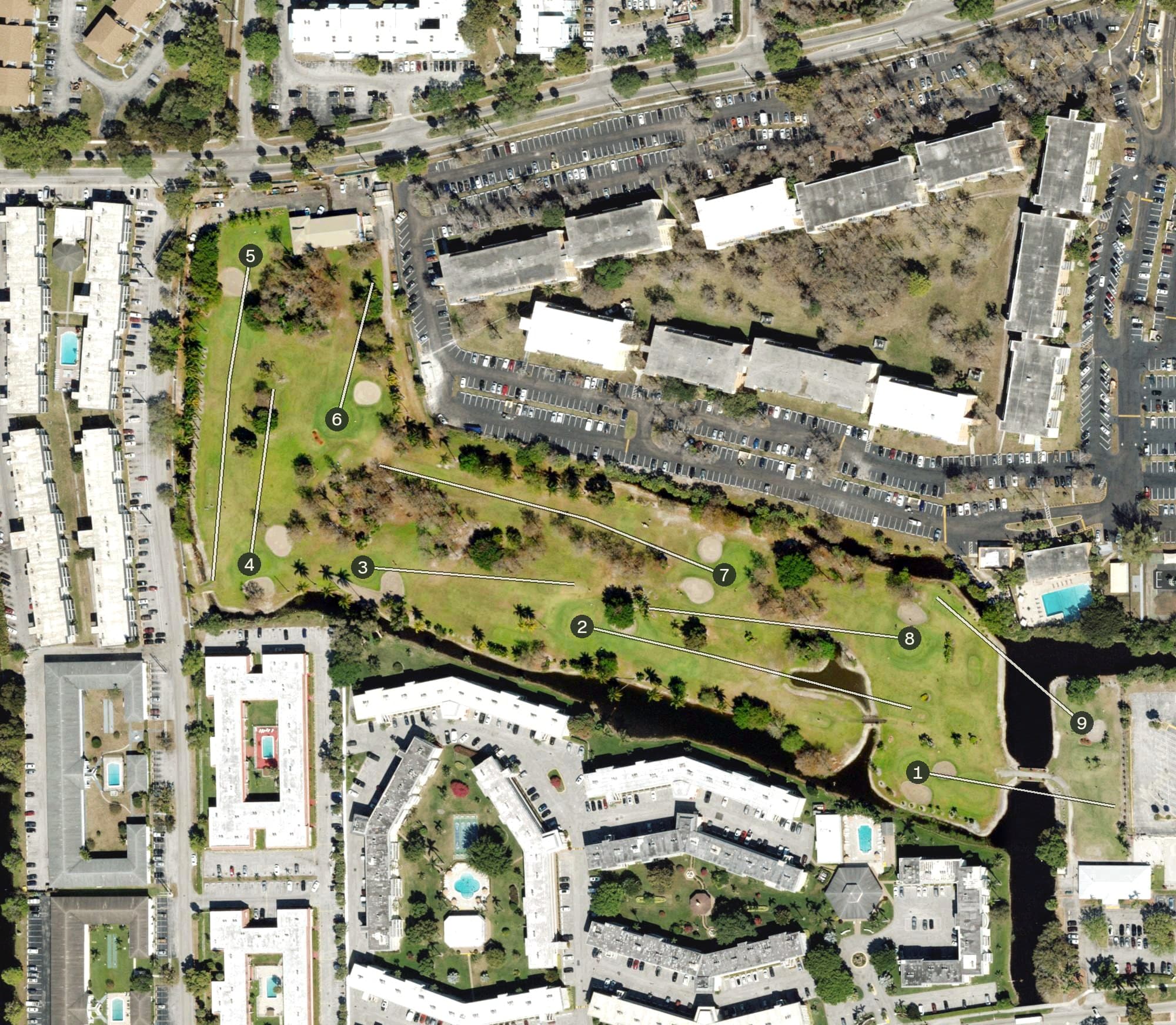 Aerial view of Lauderhill Golf Course, FL, with its hole routing marked
