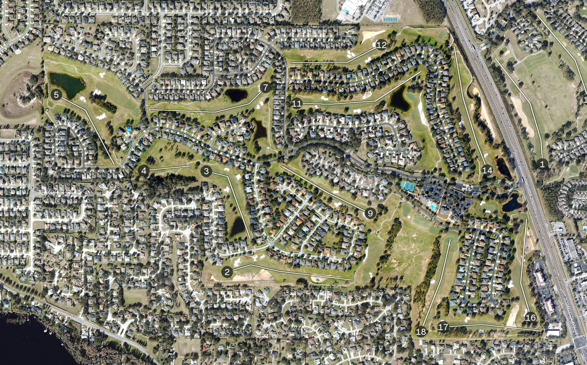 Aerial view of Legends Golf and Country Club, FL, with its hole routing marked