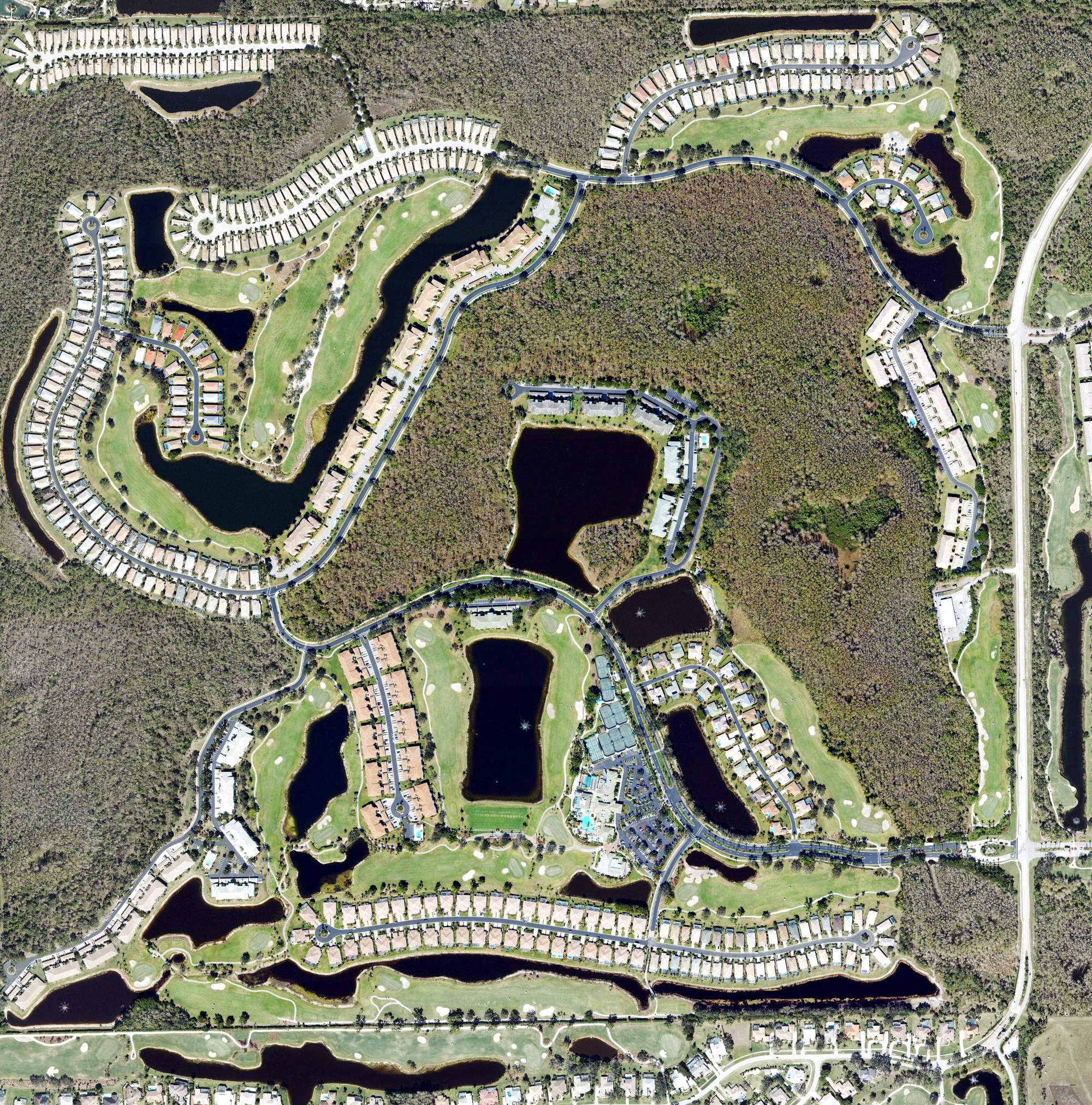 Aerial view of Legends Golf & Country Club, FL, with its hole routing marked