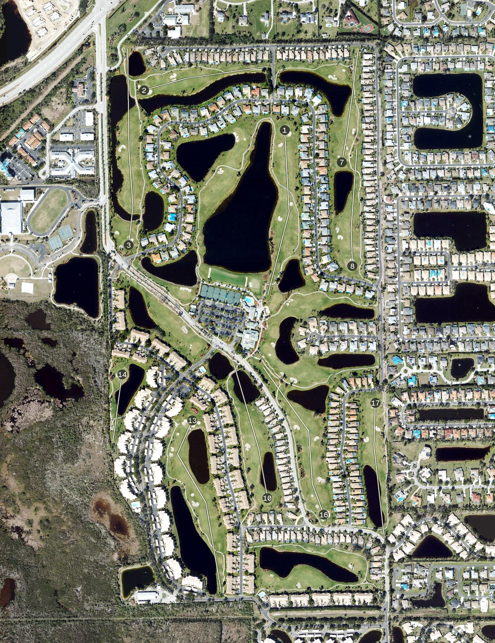 Aerial view of Lexington Country Club, FL, with its hole routing marked