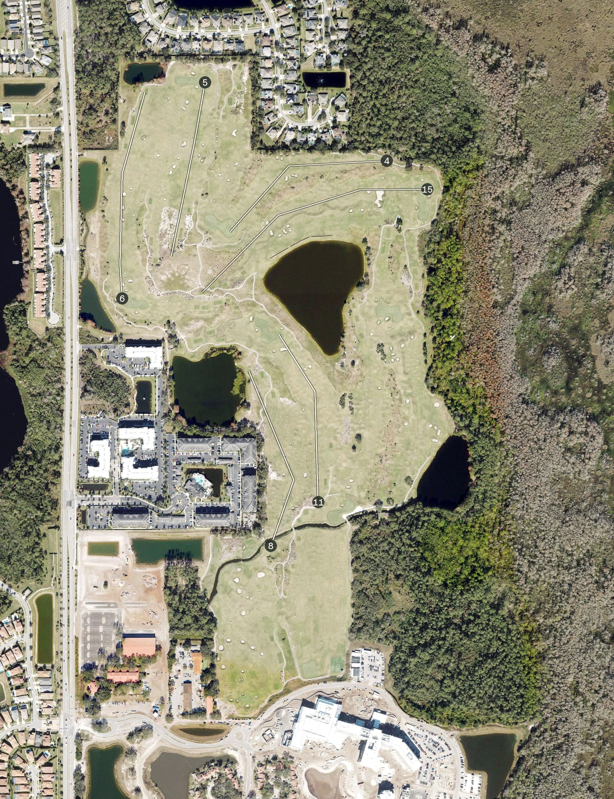 Aerial view of Links Golf Course, FL, with its hole routing marked