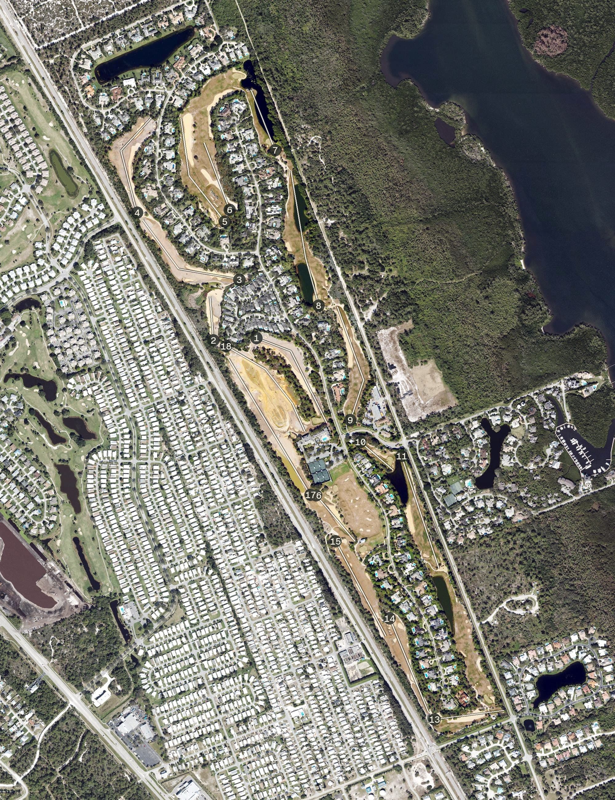 Aerial view of Loblolly, FL, with its hole routing marked