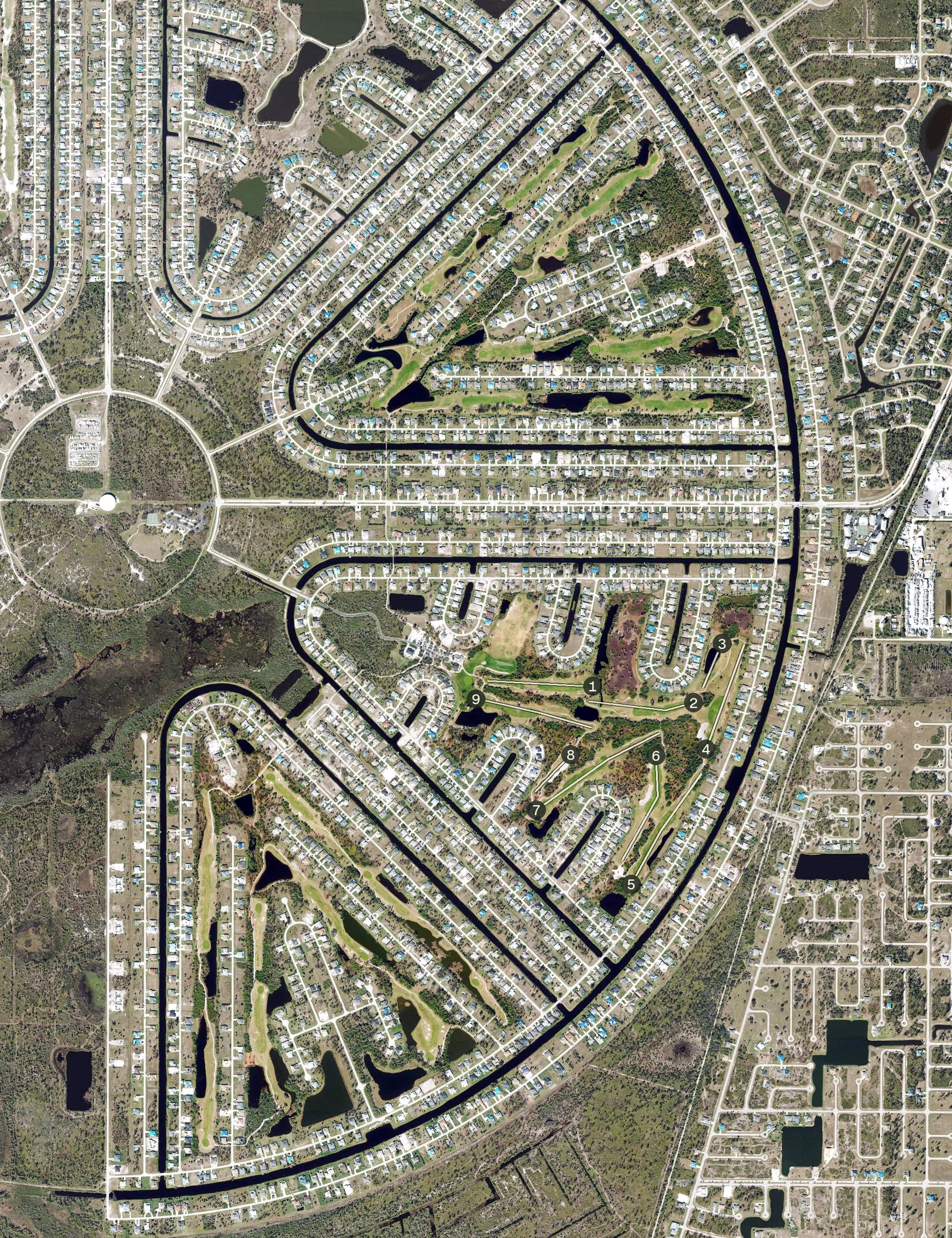 Aerial view of Long Marsh, FL, with its hole routing marked