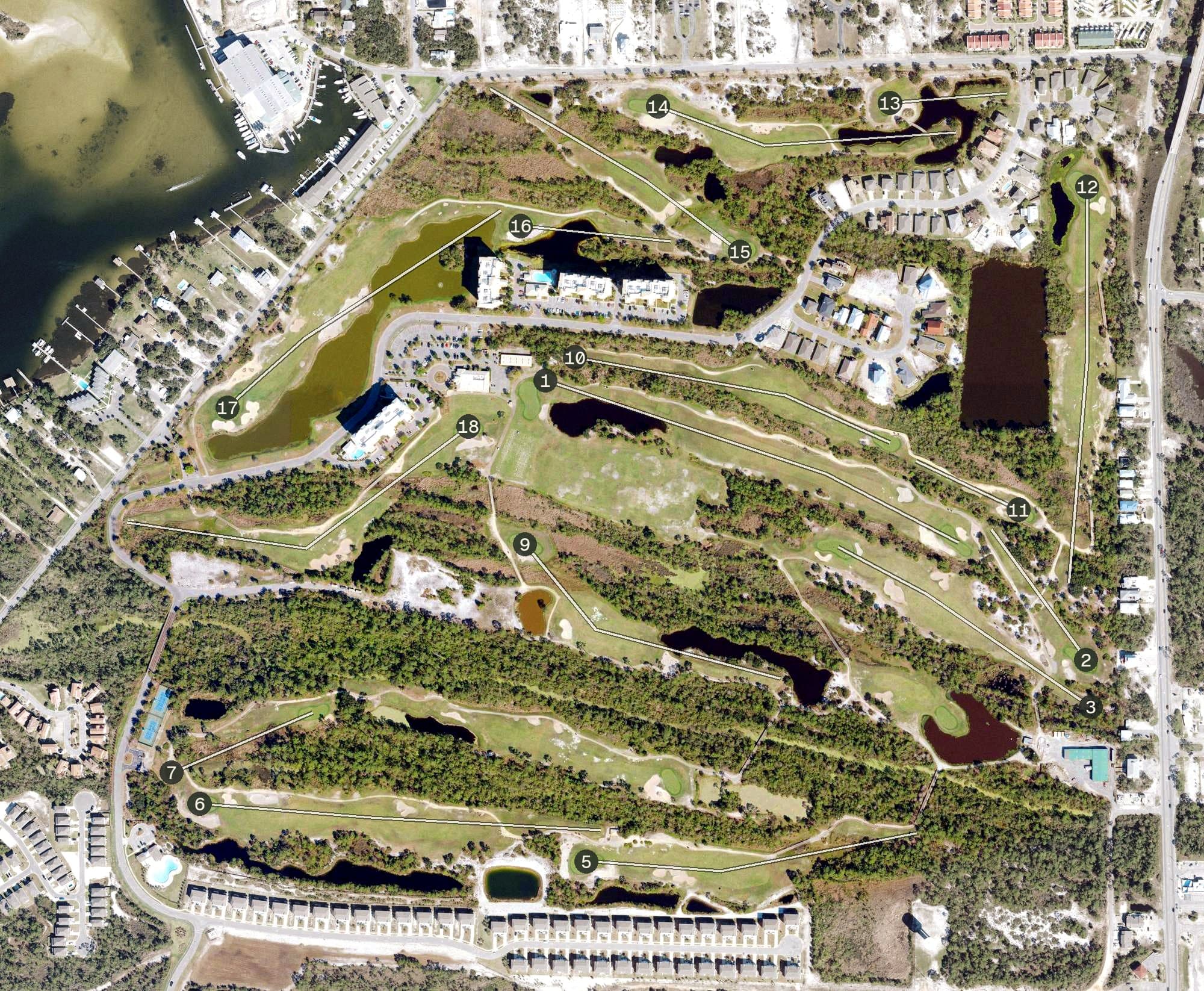 Aerial view of Lost Key Golf Club, FL, with its hole routing marked