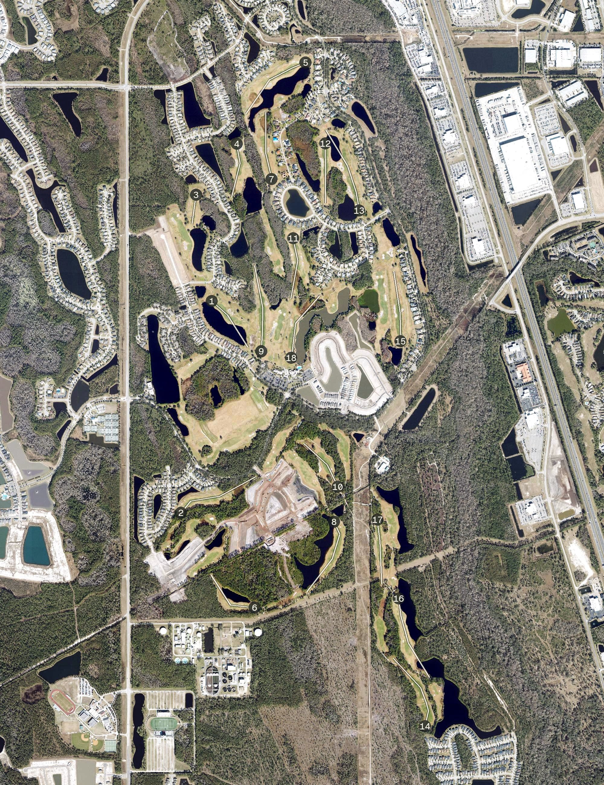 Aerial view of LPGA International, FL, with its hole routing marked