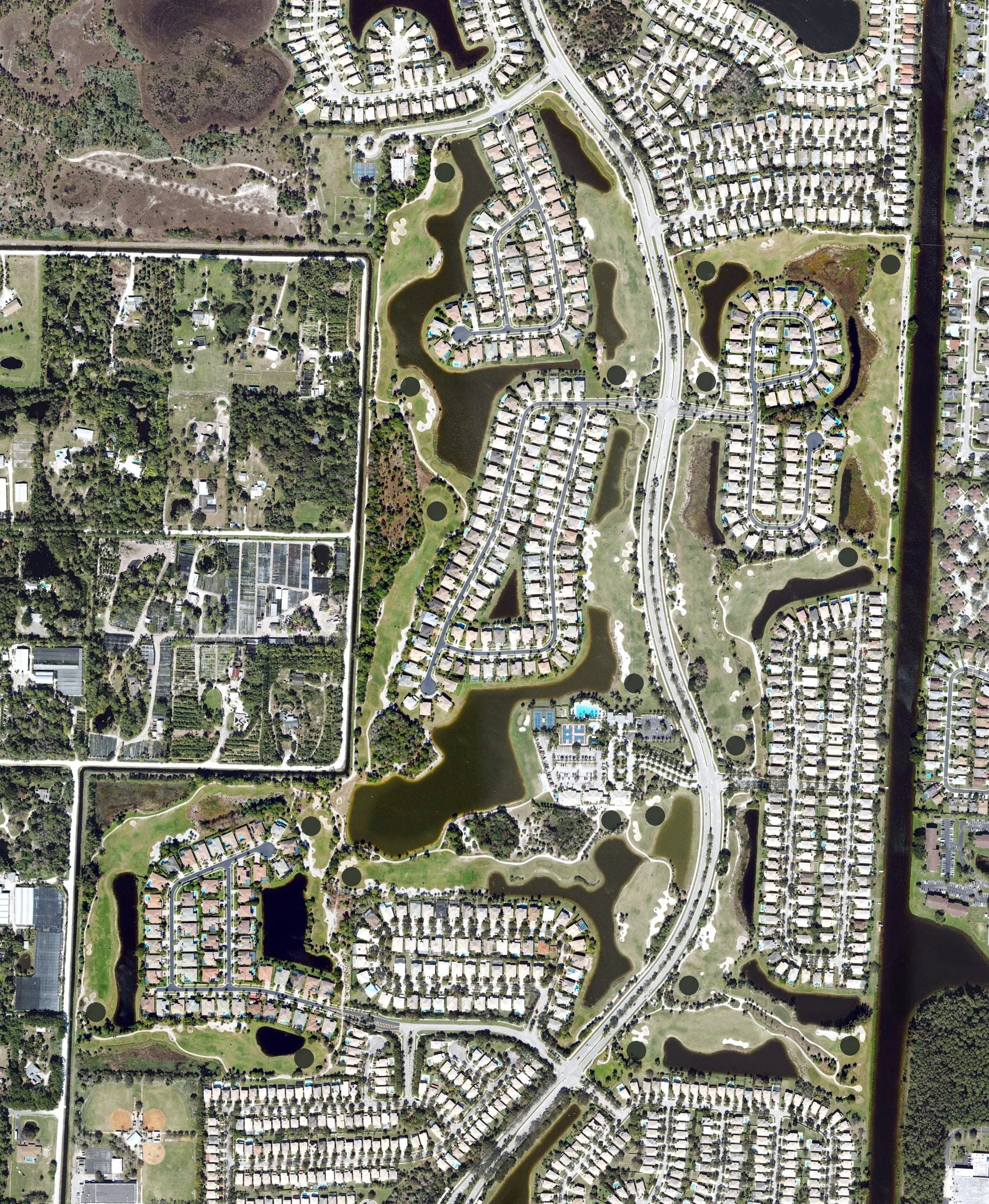 Aerial view of Madison Green Golf Club, FL, with its hole routing marked