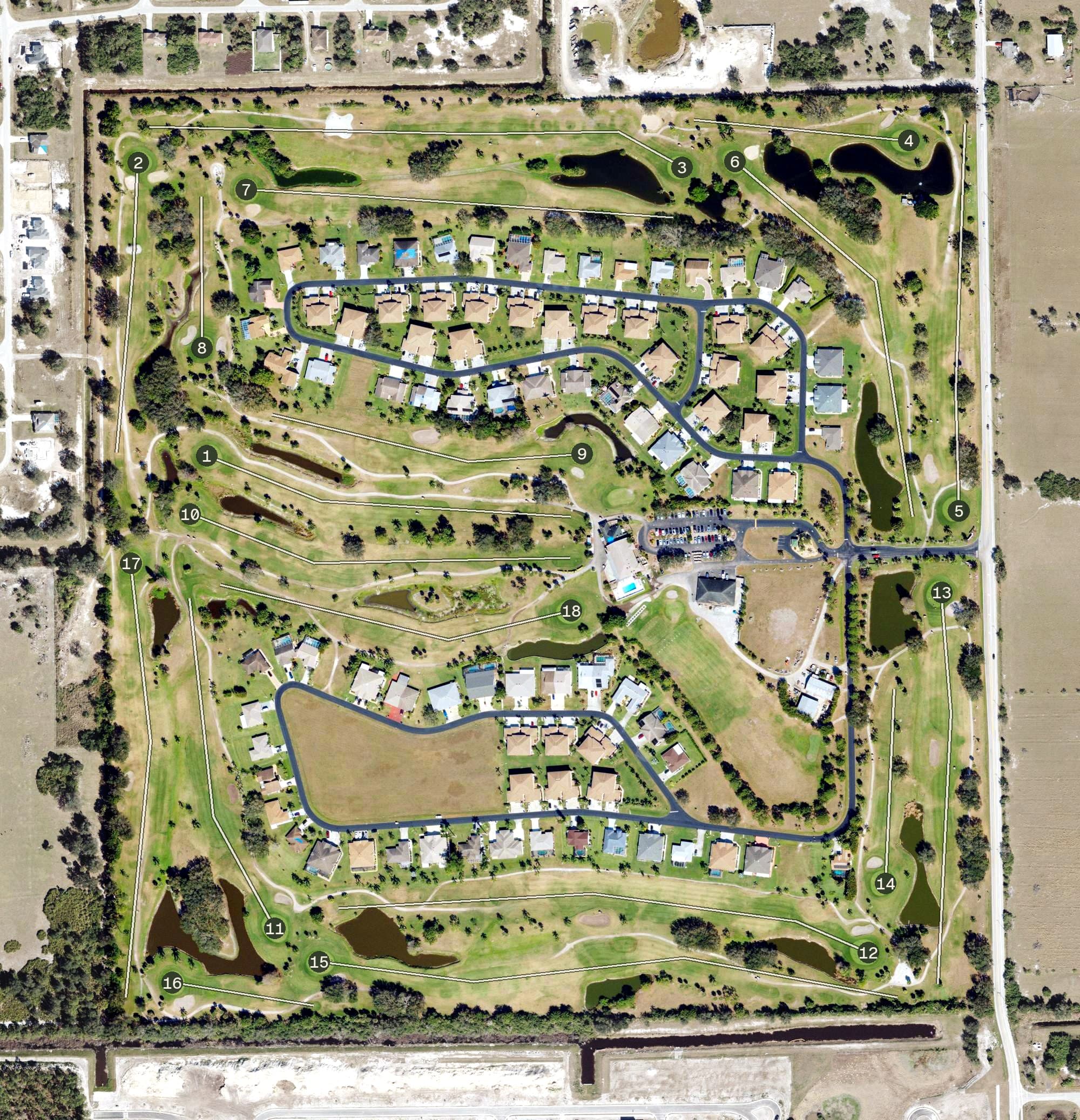 Aerial view of Majestic Golf Club, FL, with its hole routing marked