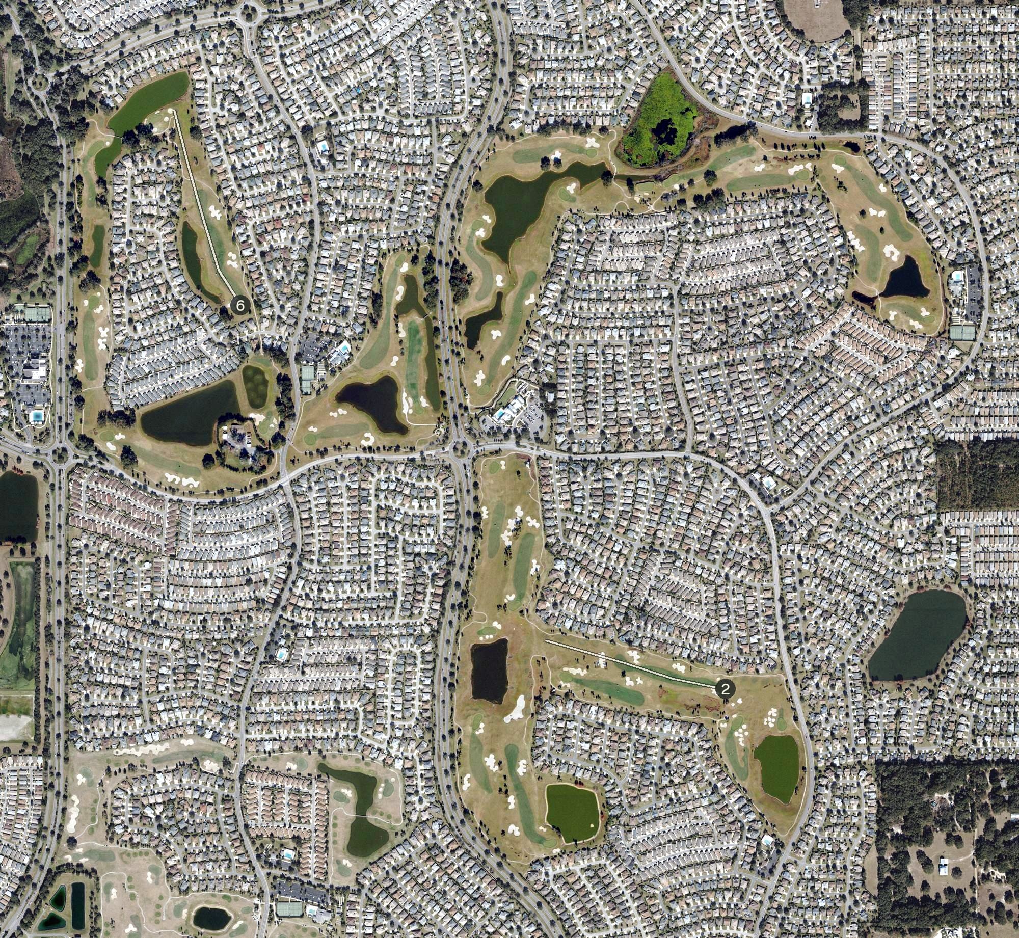 Aerial view of Mallory Hill Country Club (The Villages), FL, with its hole routing marked