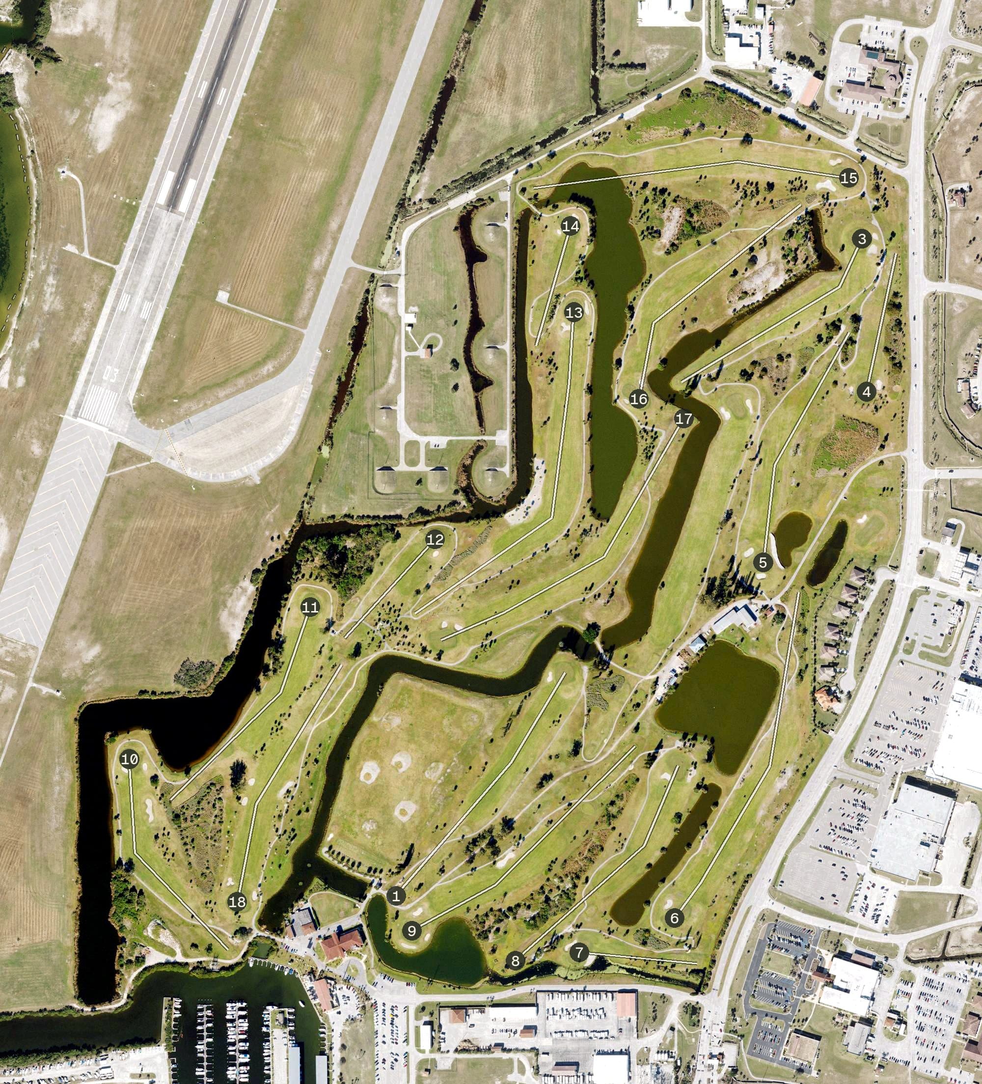 Aerial view of Manatee Cove Golf Club, FL, with its hole routing marked