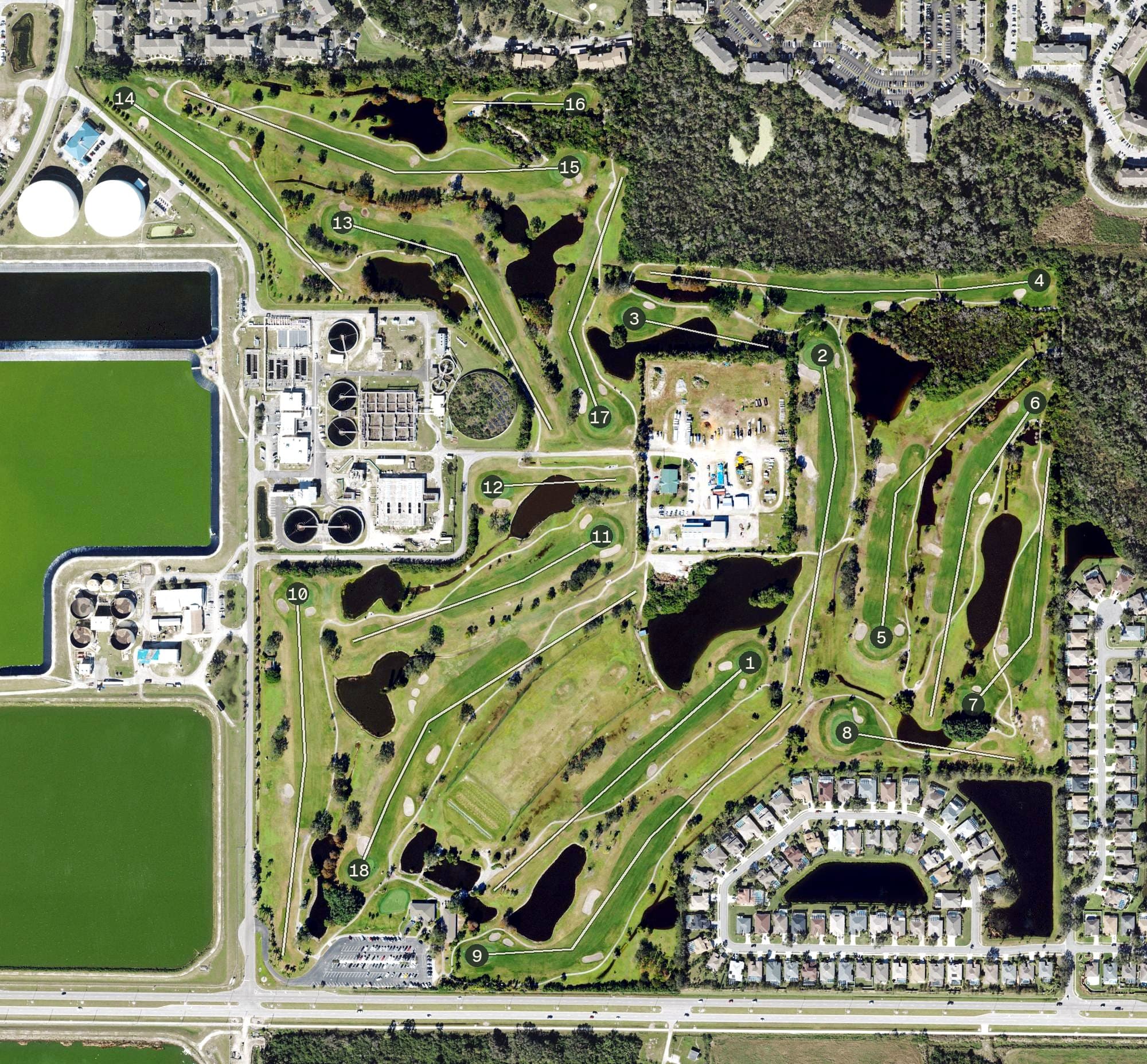 Aerial view of Manatee Golf Course, FL, with its hole routing marked