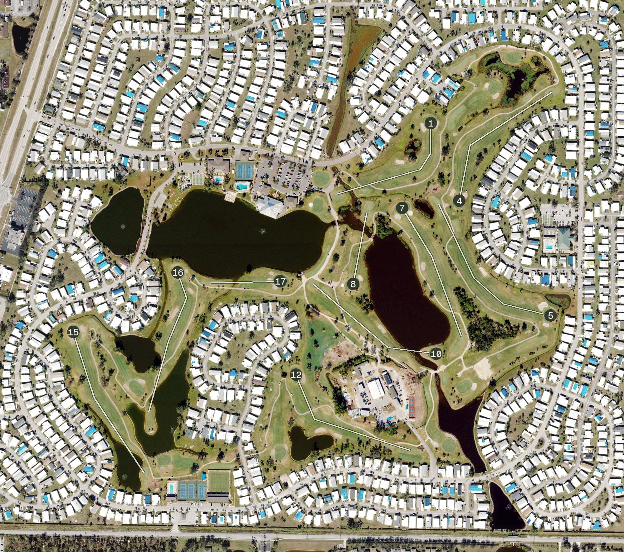 Aerial view of Maple Leaf Golf and Country Club, FL, with its hole routing marked