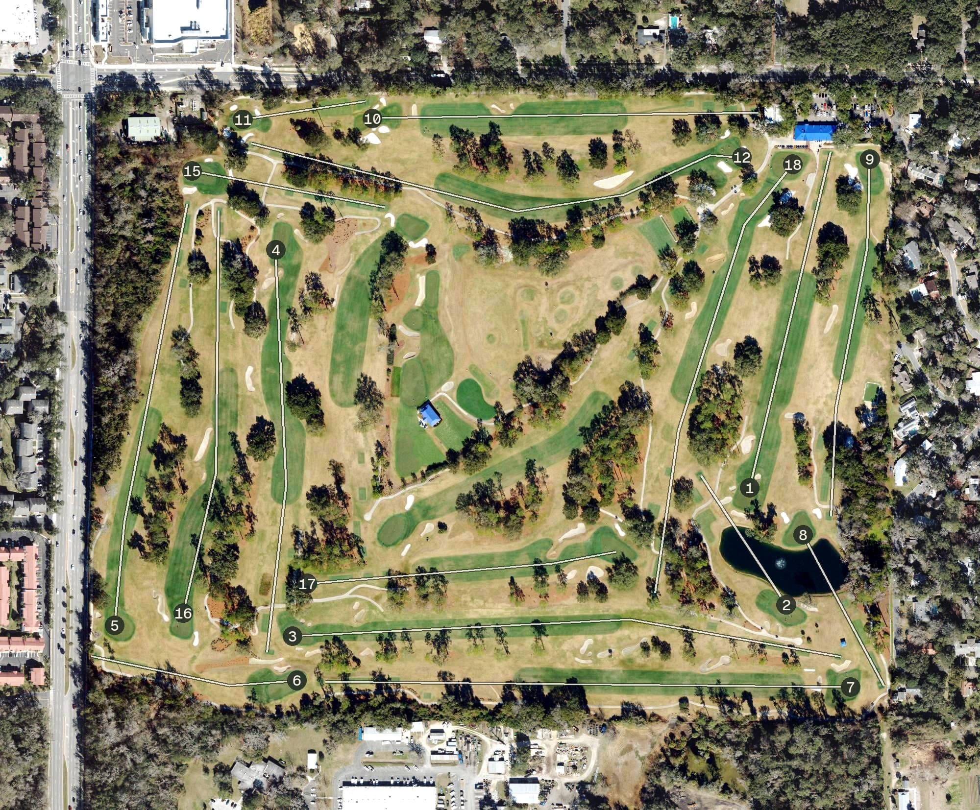 Aerial view of Mark Bostick Golf Course, FL, with its hole routing marked