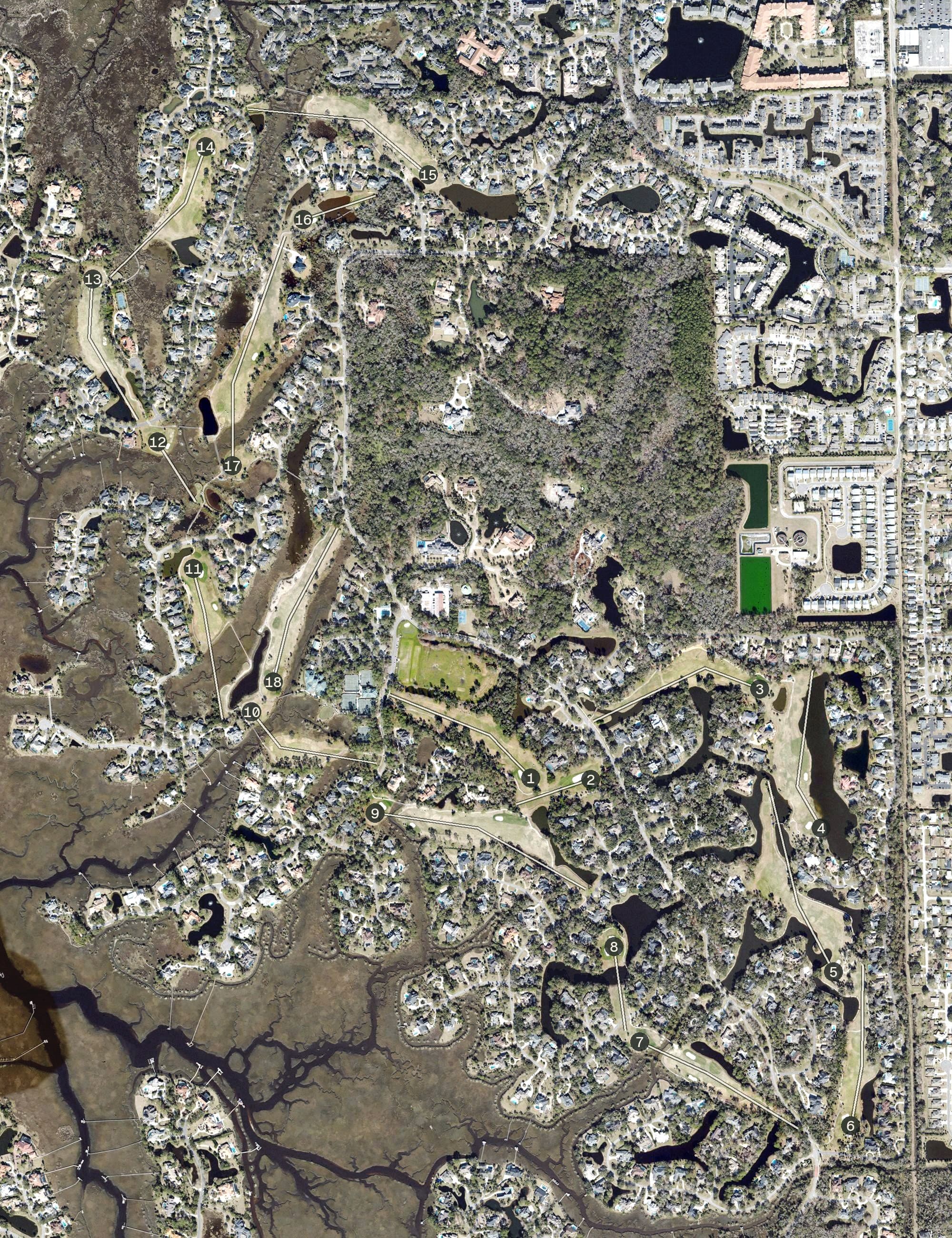 Aerial view of Marsh Valley Country Club, FL, with its hole routing marked