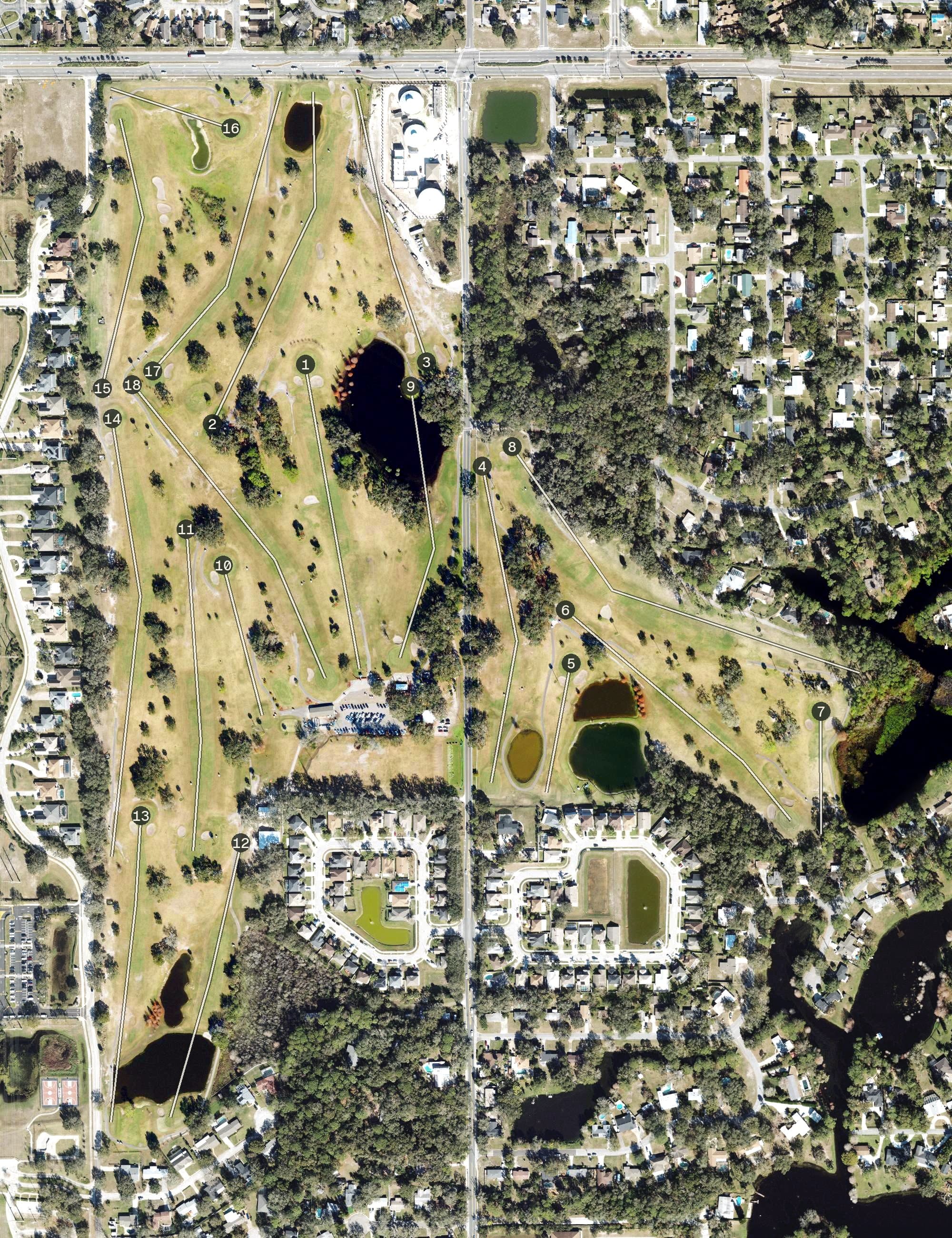 Aerial view of Mayfair Country Club, FL, with its hole routing marked
