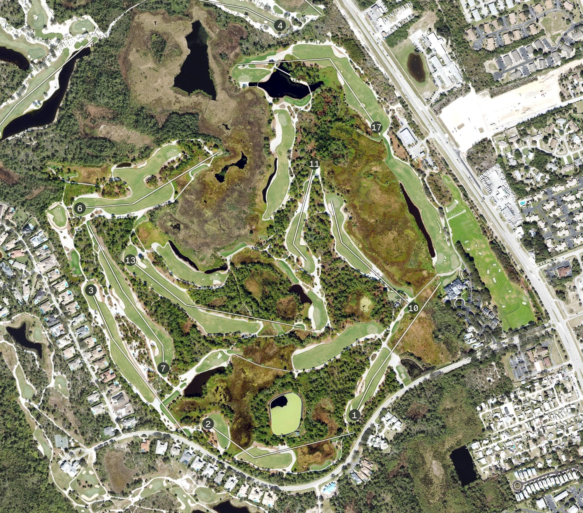 Aerial view of Medalist Golf Club, FL, with its hole routing marked