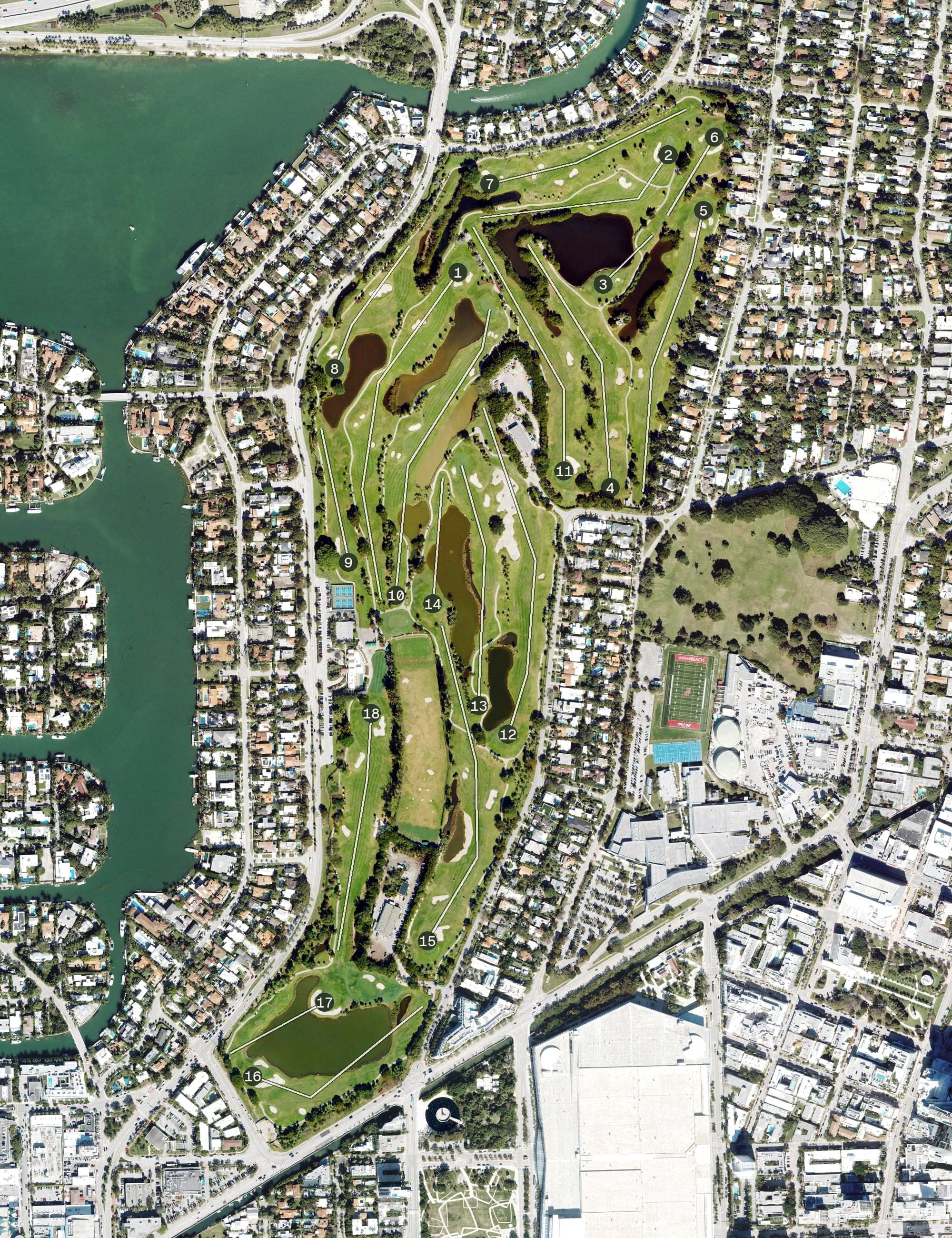 Aerial view of Miami Beach Golf Club, FL, with its hole routing marked