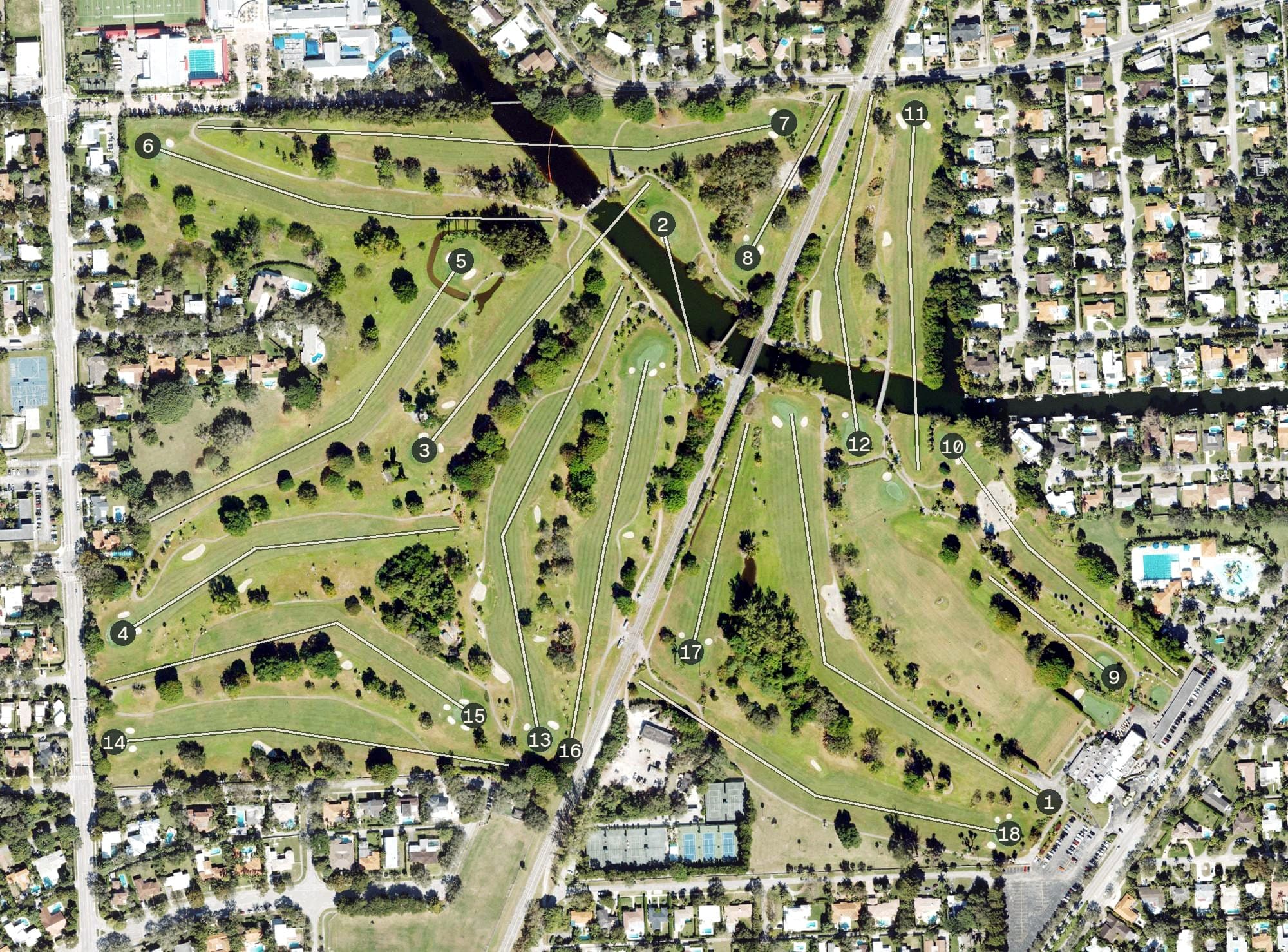 Aerial view of Miami Shores Country Club, FL, with its hole routing marked