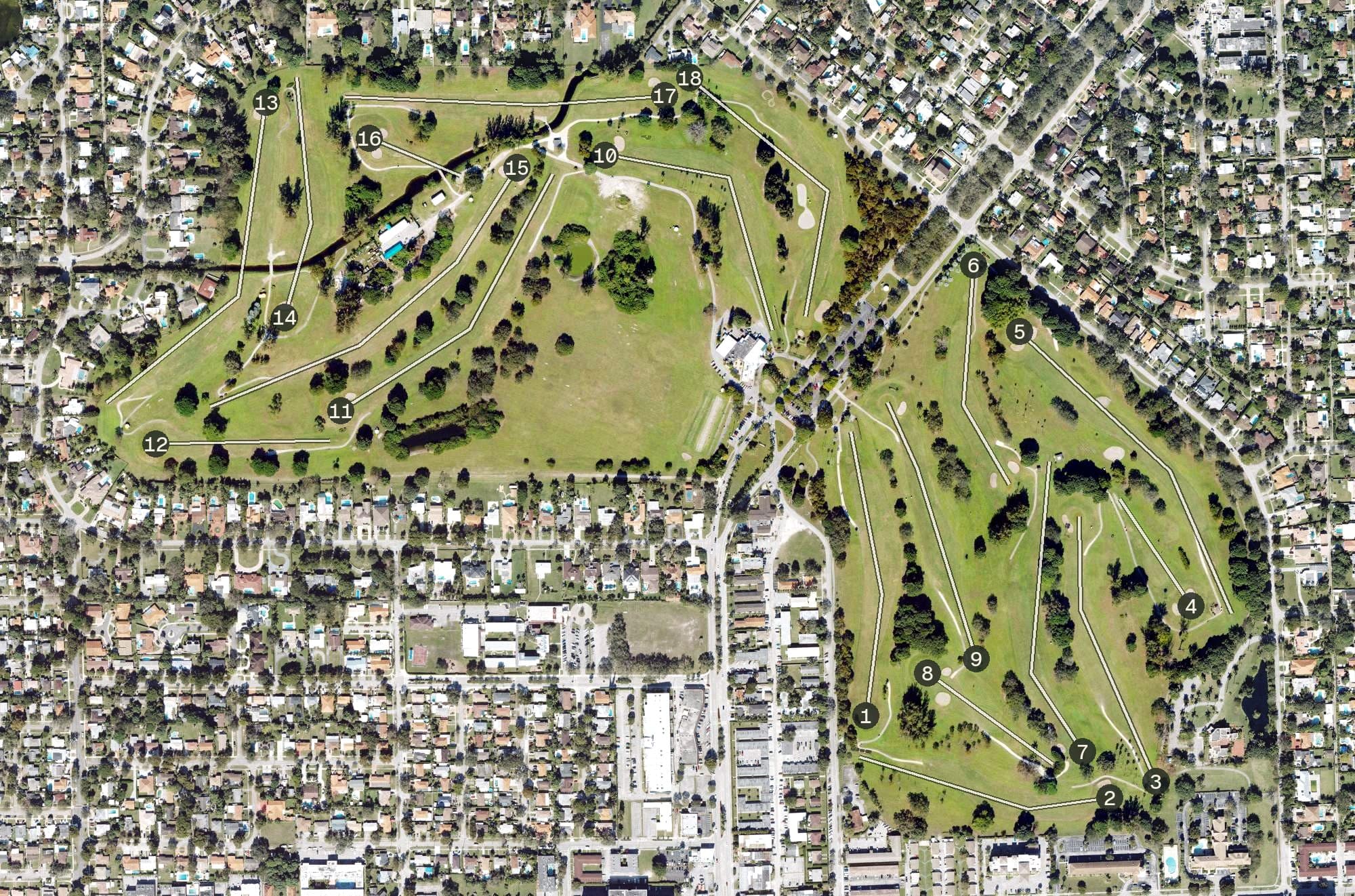 Aerial view of Miami Springs Golf Course, FL, with its hole routing marked