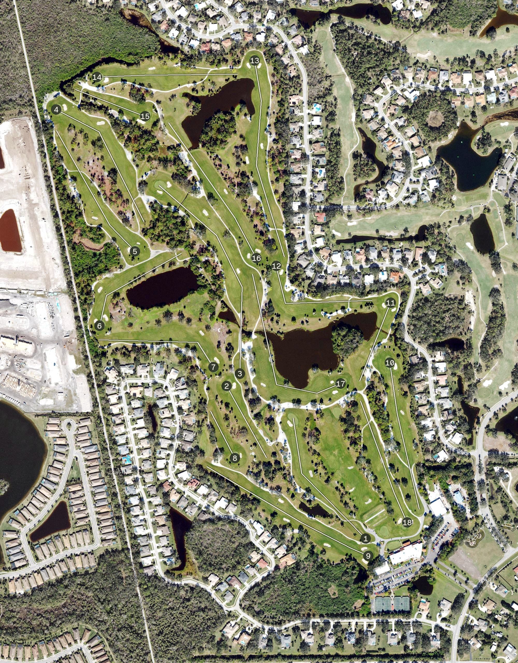 Aerial view of Mission Valley Golf & Country Club, FL, with its hole routing marked