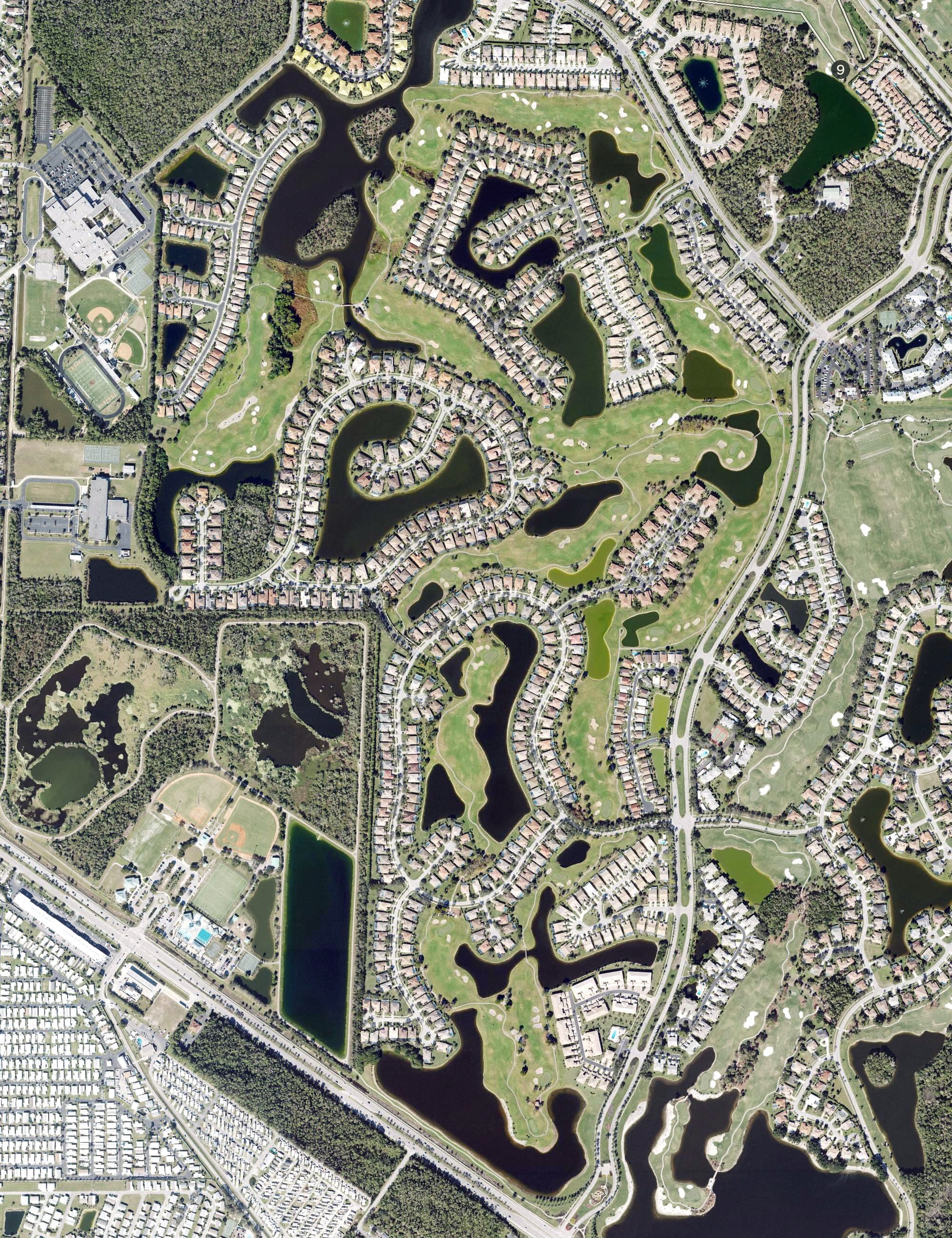 Aerial view of Mustang Course at Lely Resort, FL, with its hole routing marked
