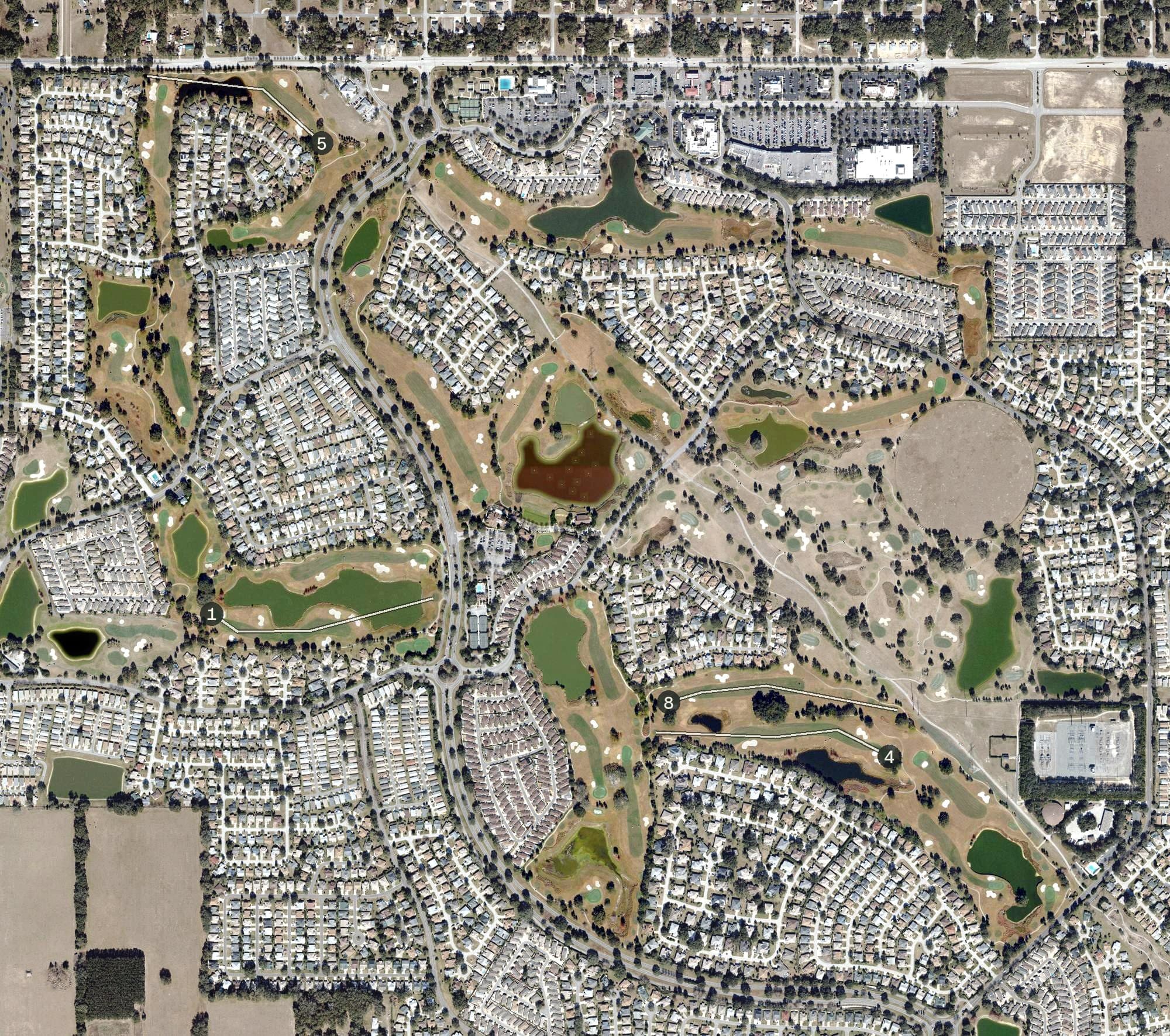 Aerial view of Nancy Lopez Legacy Golf Course, FL, with its hole routing marked