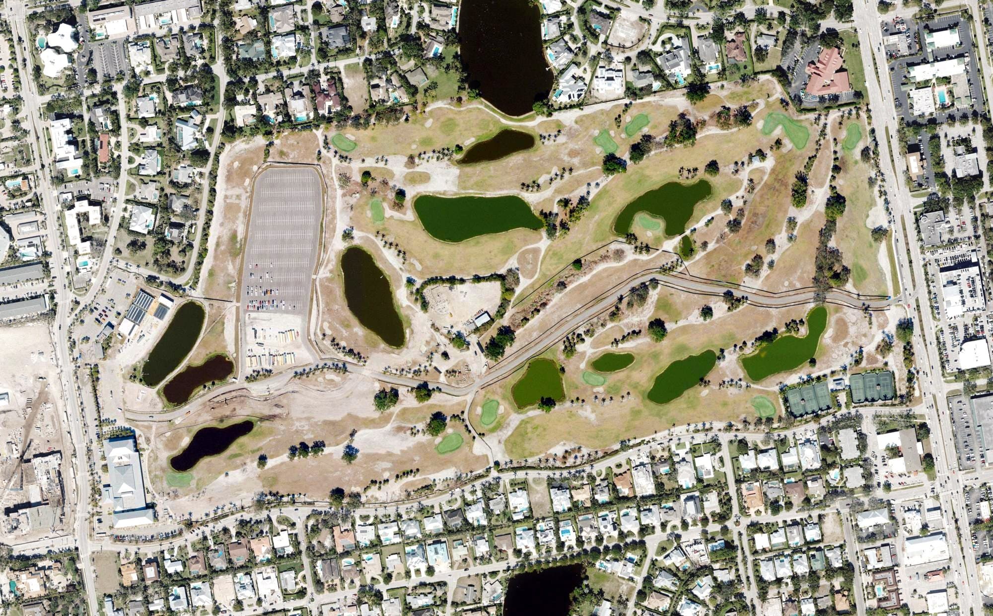 Aerial view of Naples Beach Hotel and Golf Club, FL, with its hole routing marked