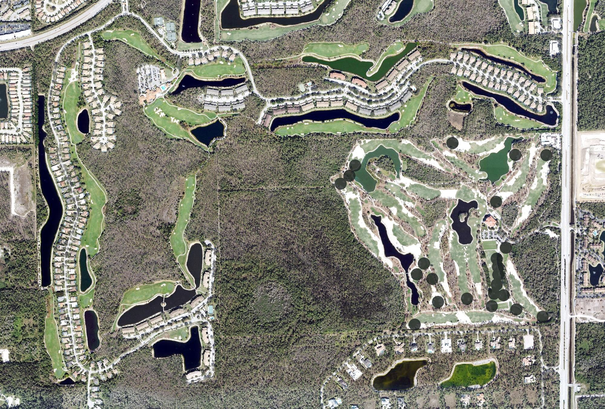 Aerial view of Naples Heritage Golf & Country Club, FL, with its hole routing marked