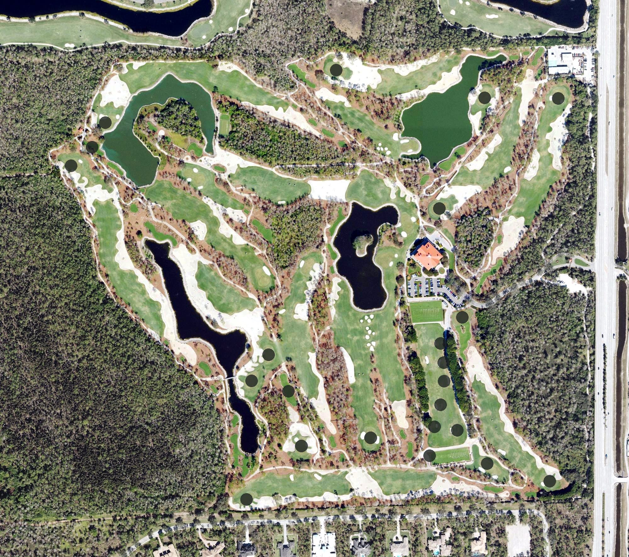 Aerial view of Naples National Golf Club, FL, with its hole routing marked