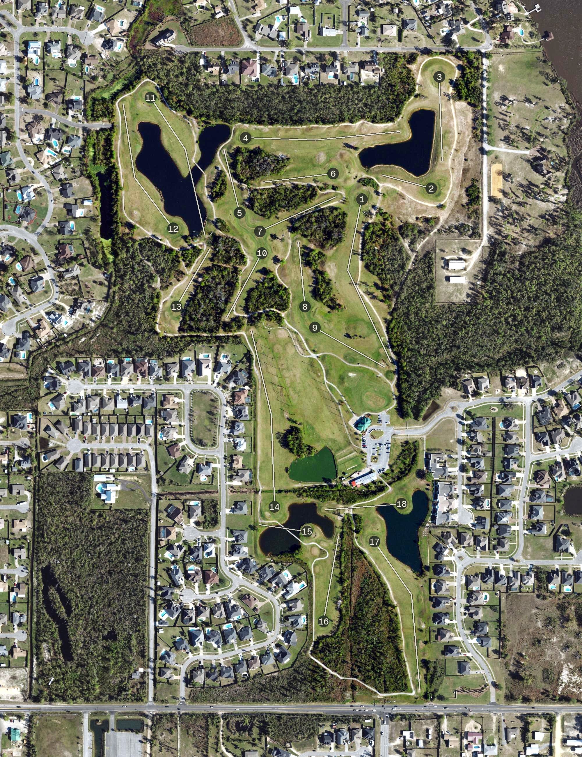 Aerial view of Nature Walk Golf Course, FL, with its hole routing marked