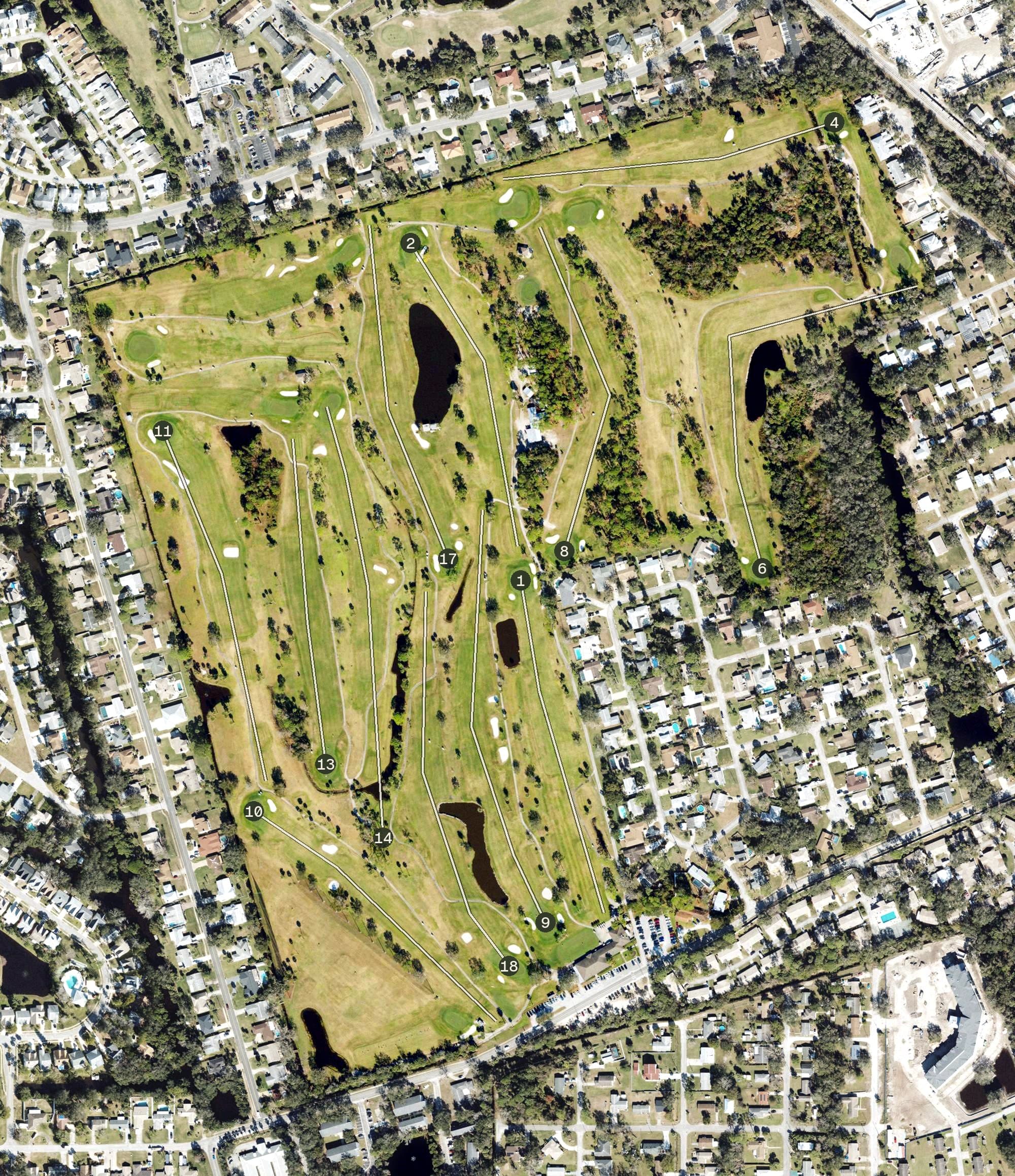 Aerial view of New Smyrna Golf Club, FL, with its hole routing marked