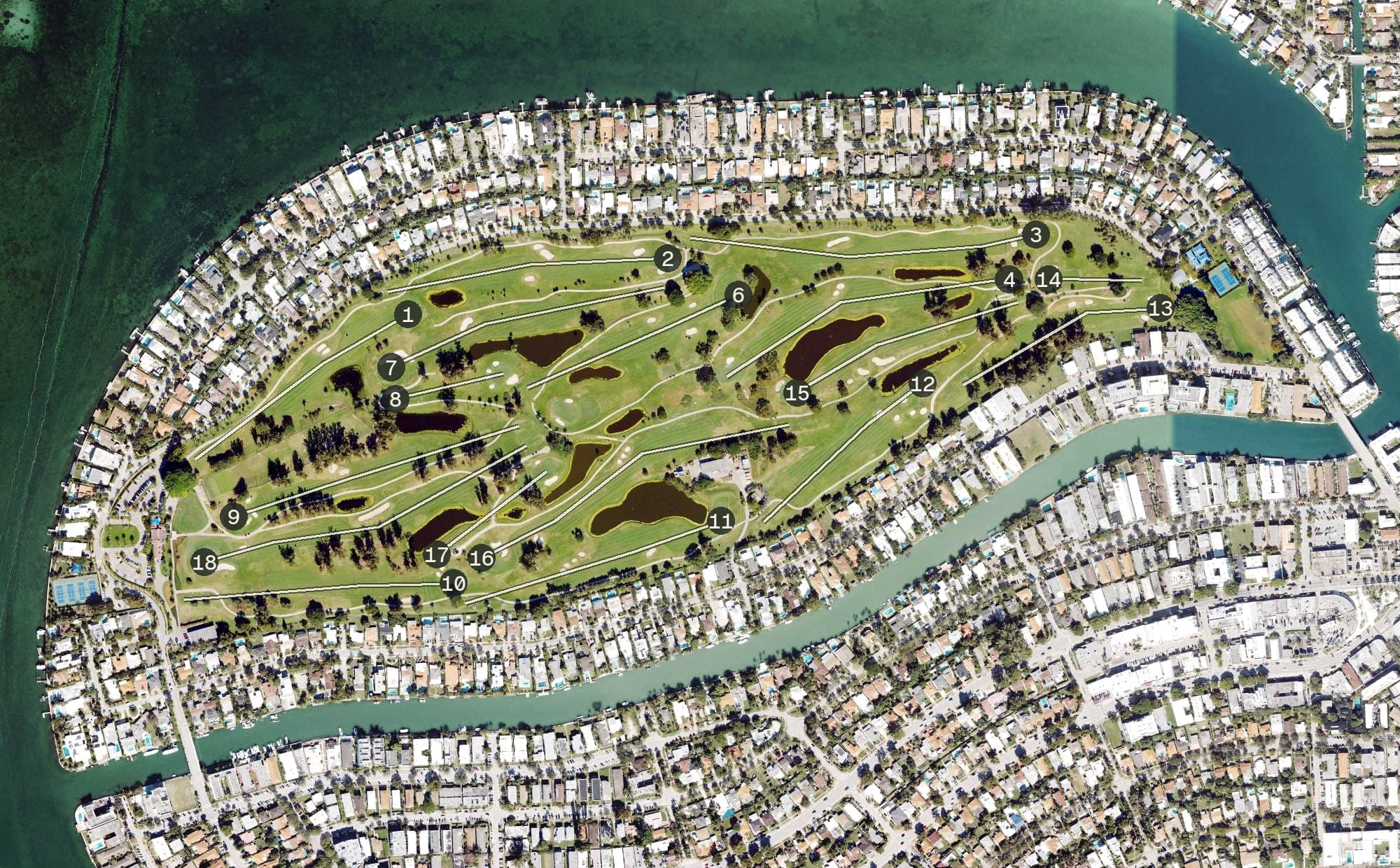 Aerial view of Normandy Shores Golf Club, FL, with its hole routing marked
