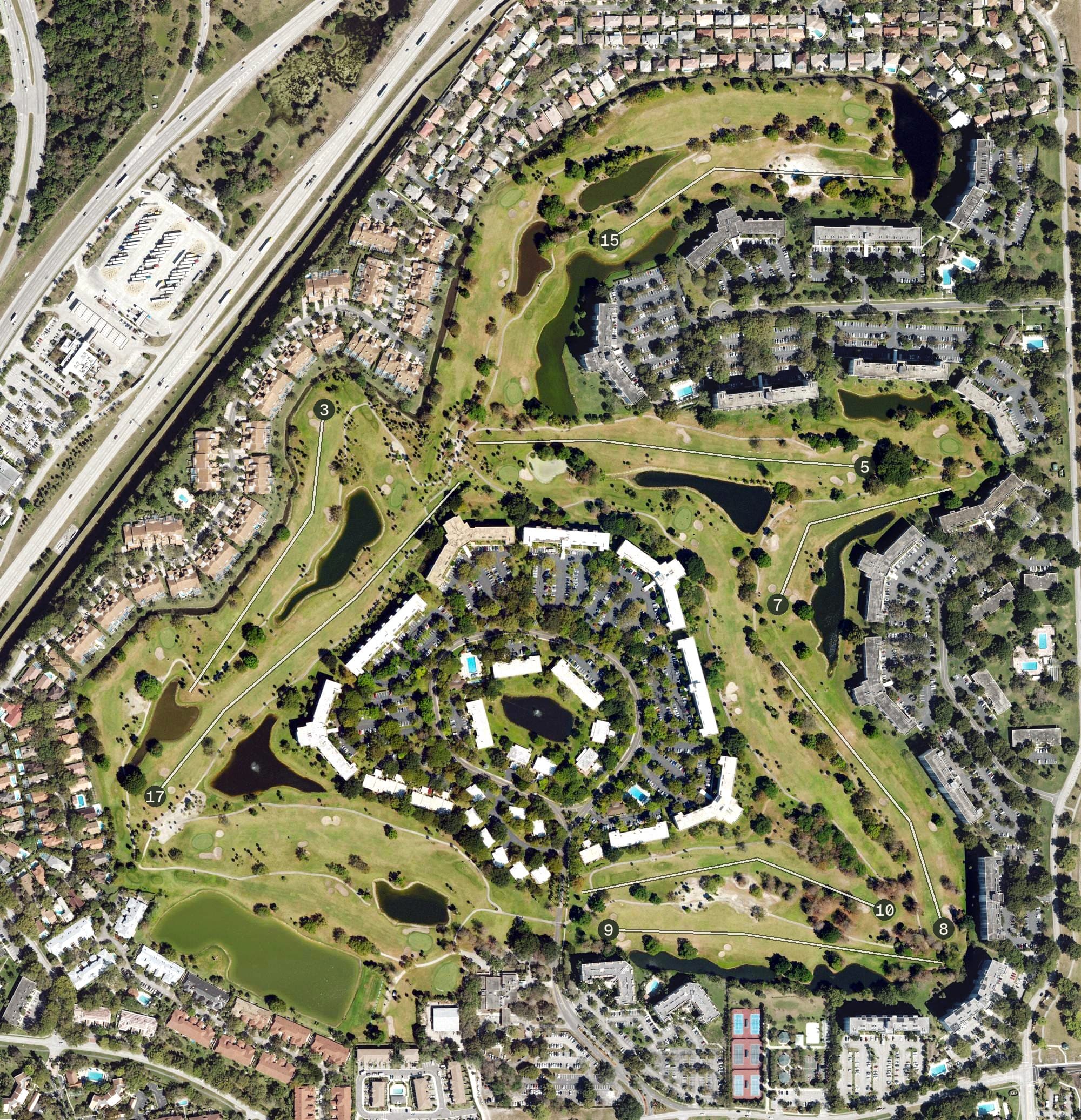 Aerial view of Oaks Course, FL, with its hole routing marked