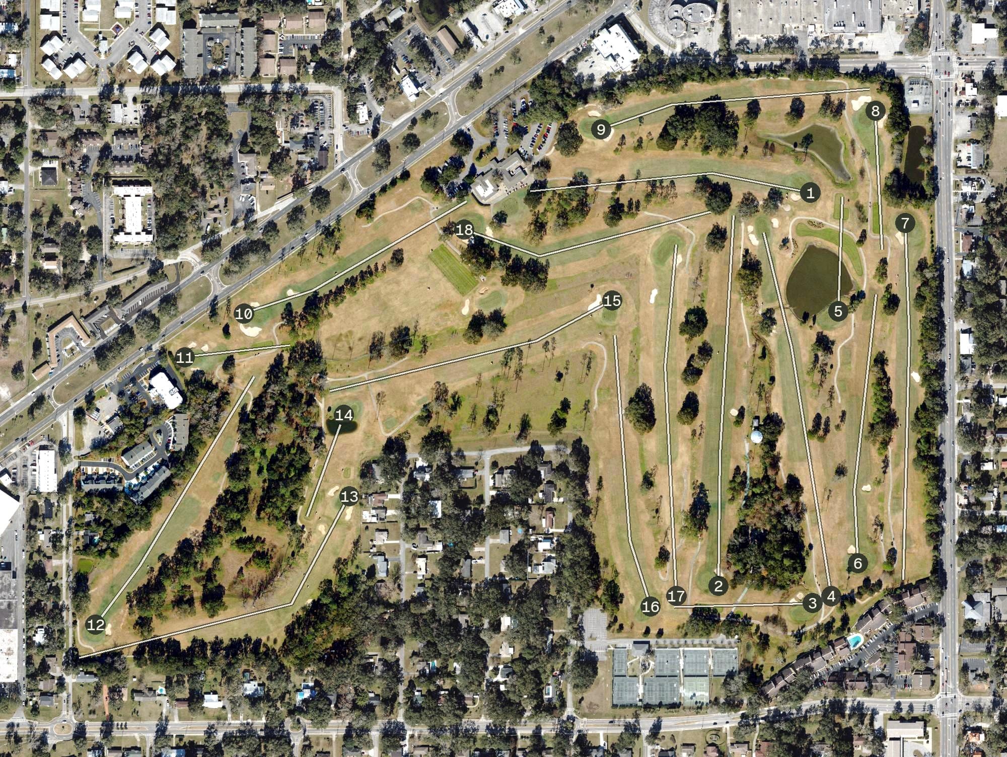 Aerial view of Ocala Golf Club, FL, with its hole routing marked