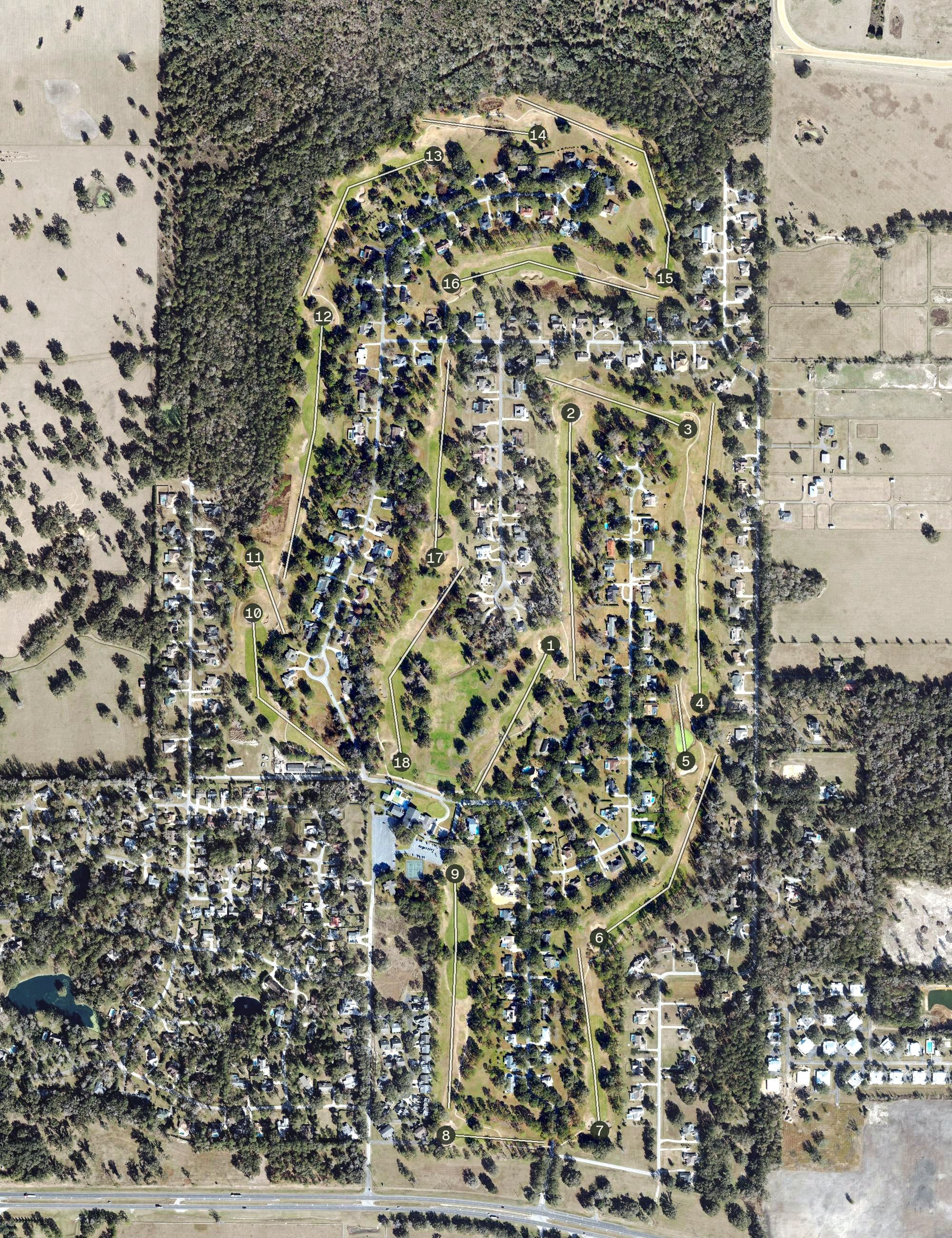Aerial view of Ocala National Golf Club, FL, with its hole routing marked