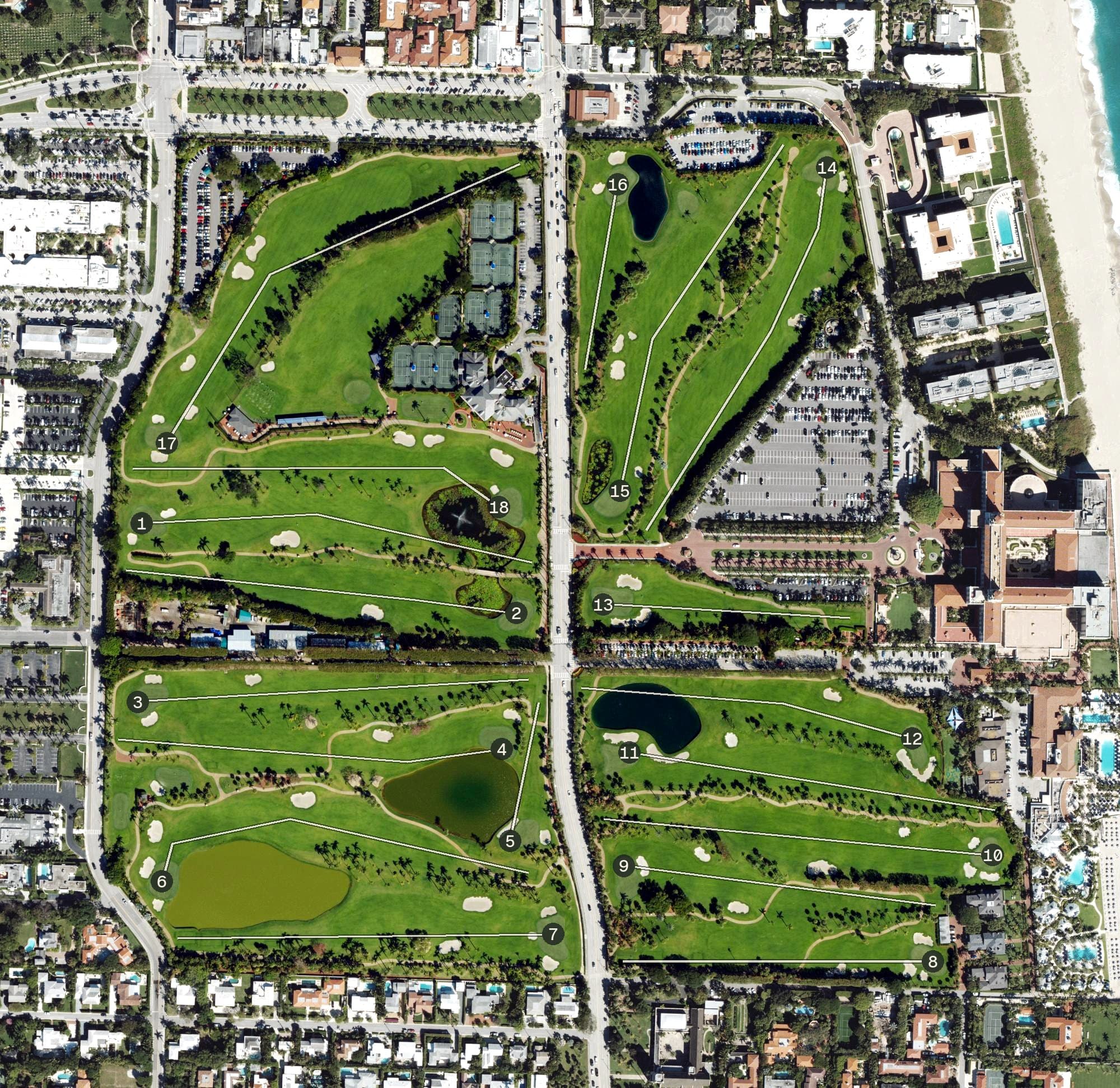 Aerial view of Ocean Course at The Breakers, FL, with its hole routing marked