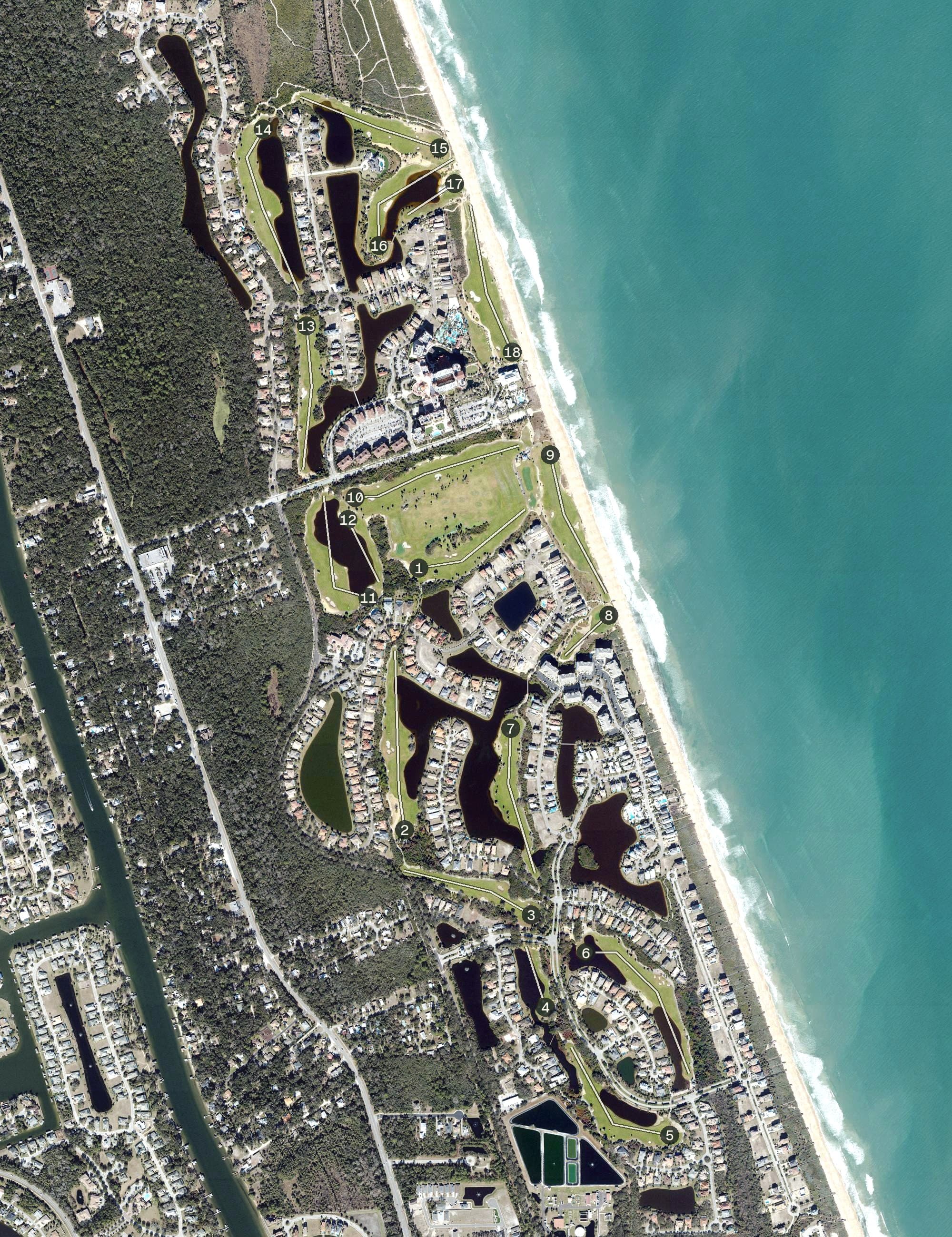 Aerial view of Ocean Course, FL, with its hole routing marked