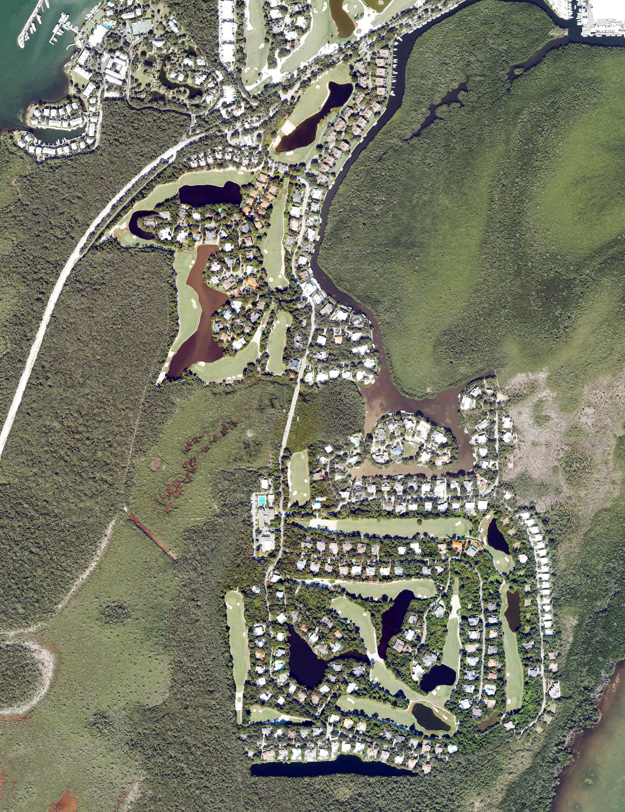 Aerial view of Ocean Reef - Hammock Course, FL, with its hole routing marked
