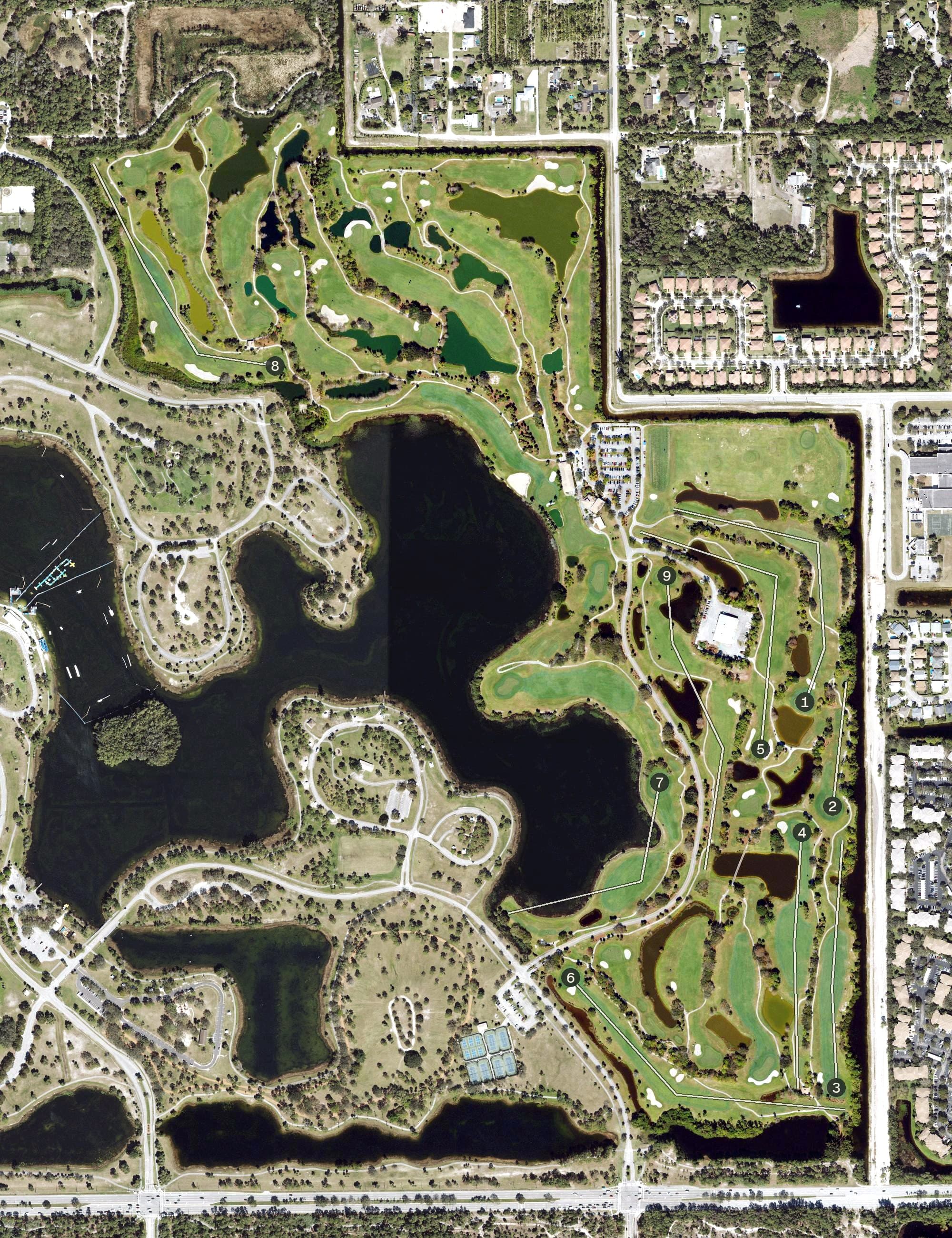 Aerial view of Okeeheelee Golf Course, FL, with its hole routing marked