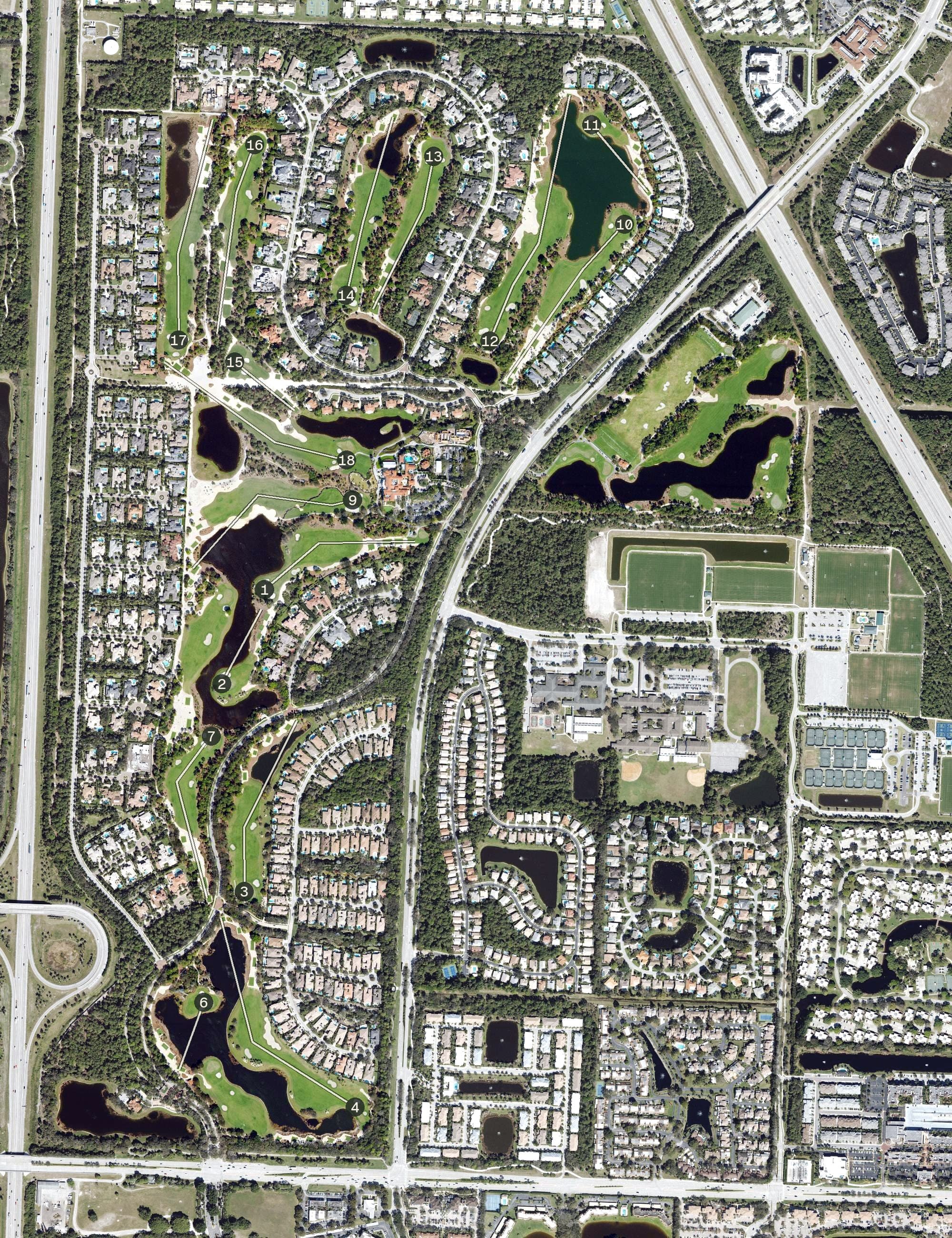 Aerial view of Old Palm Golf Club, FL, with its hole routing marked