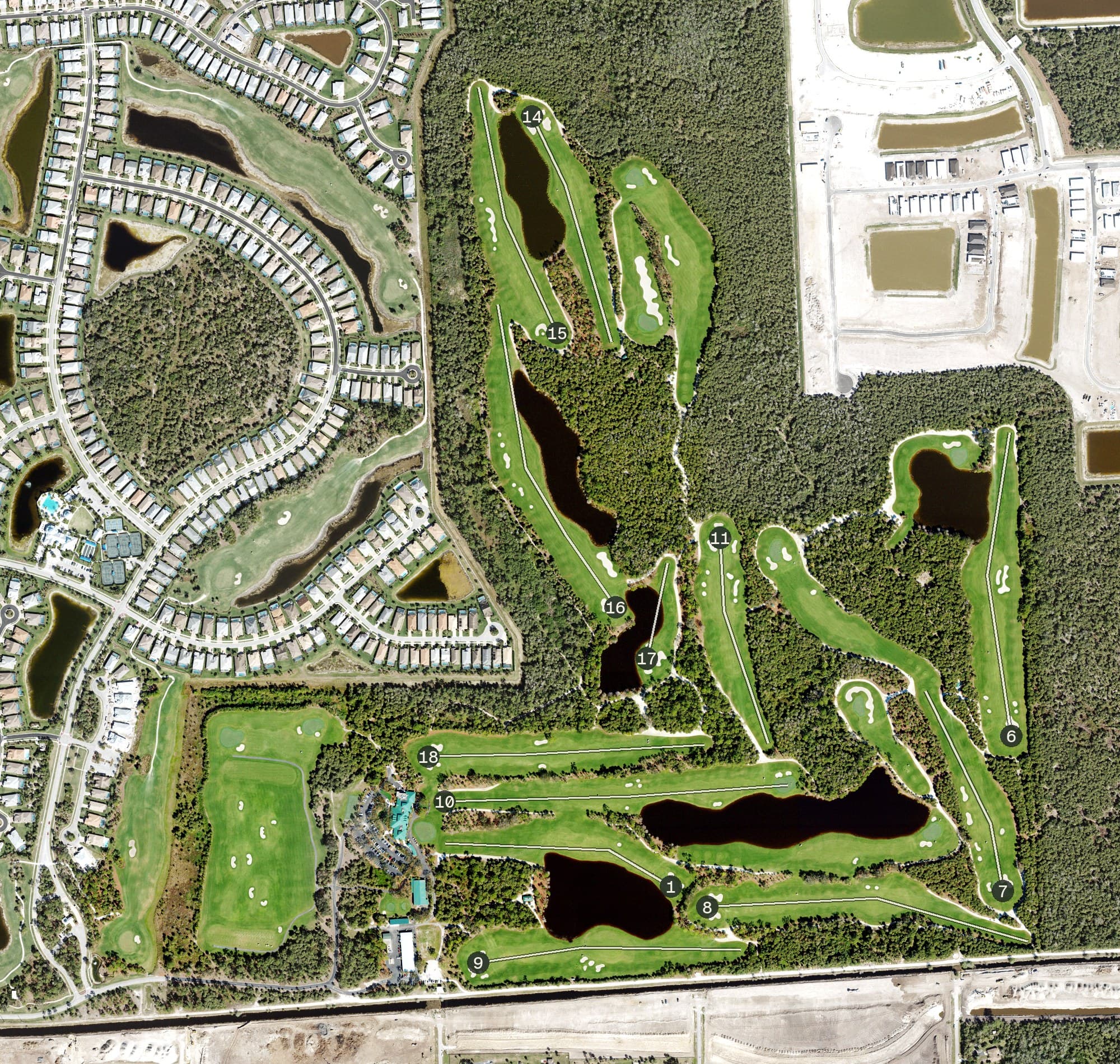 Aerial view of Olde Florida Golf Club, FL, with its hole routing marked