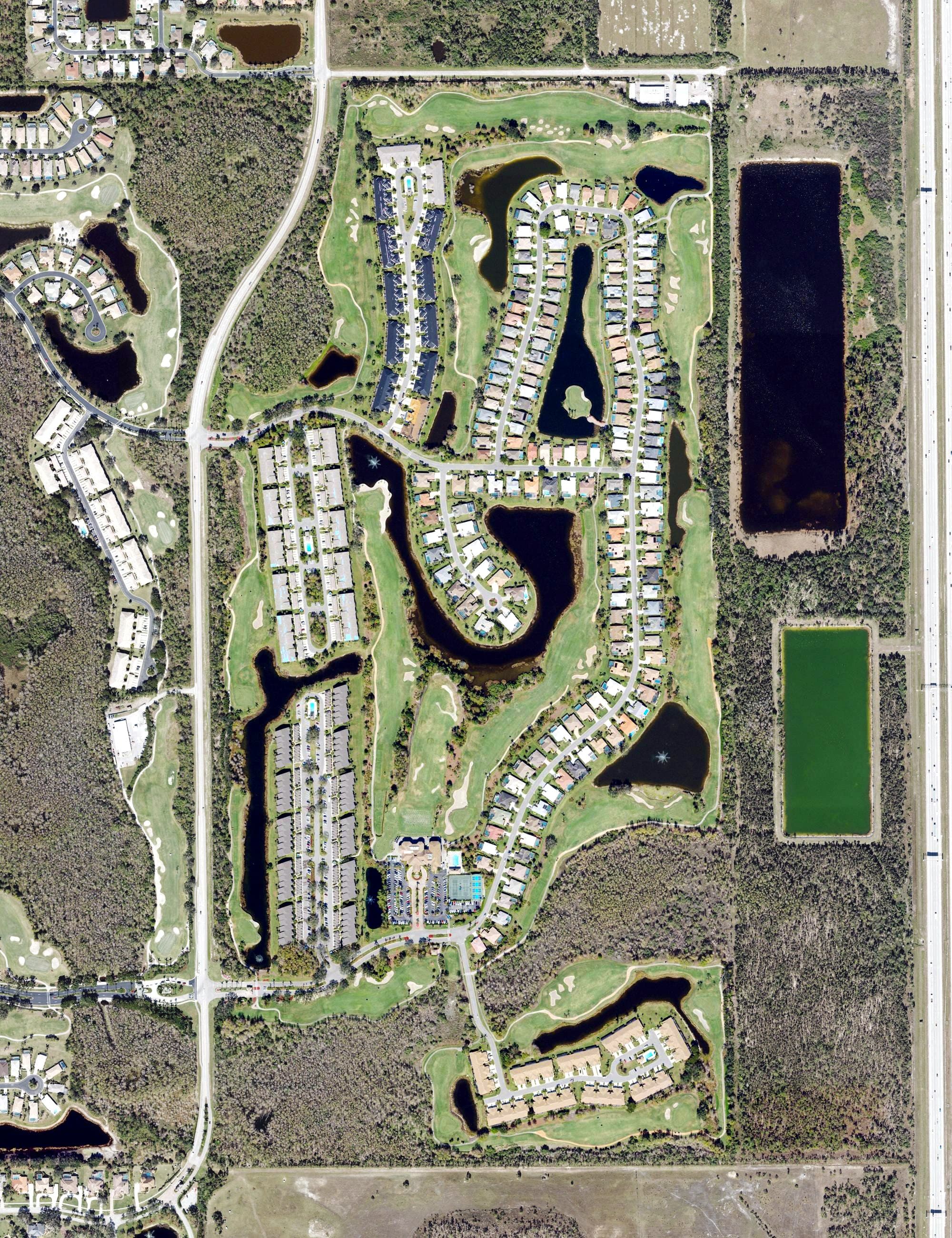 Aerial view of Olde Hickory Golf and Country Club, FL, with its hole routing marked
