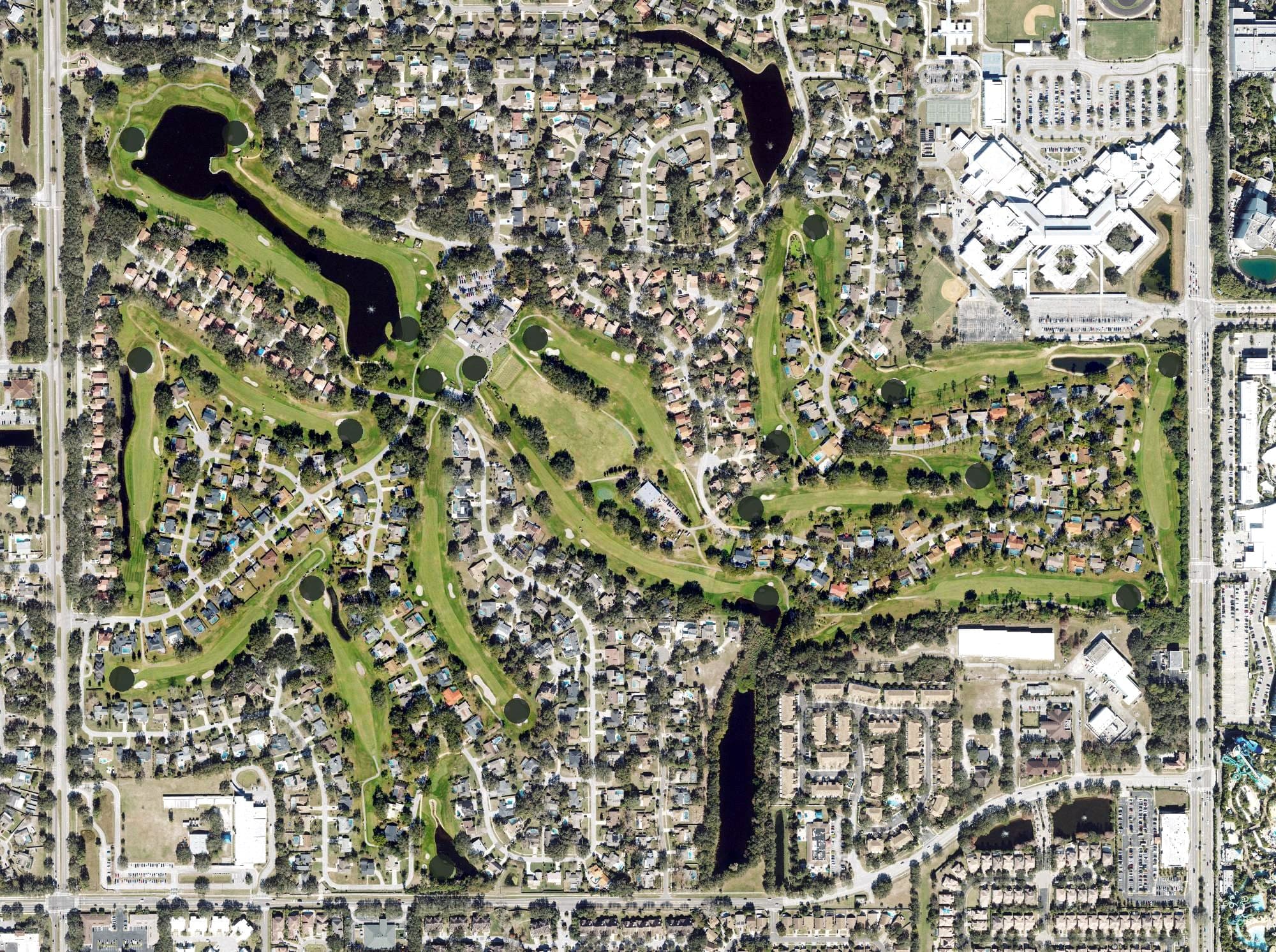 Aerial view of Orange Tree Golf Club, FL, with its hole routing marked