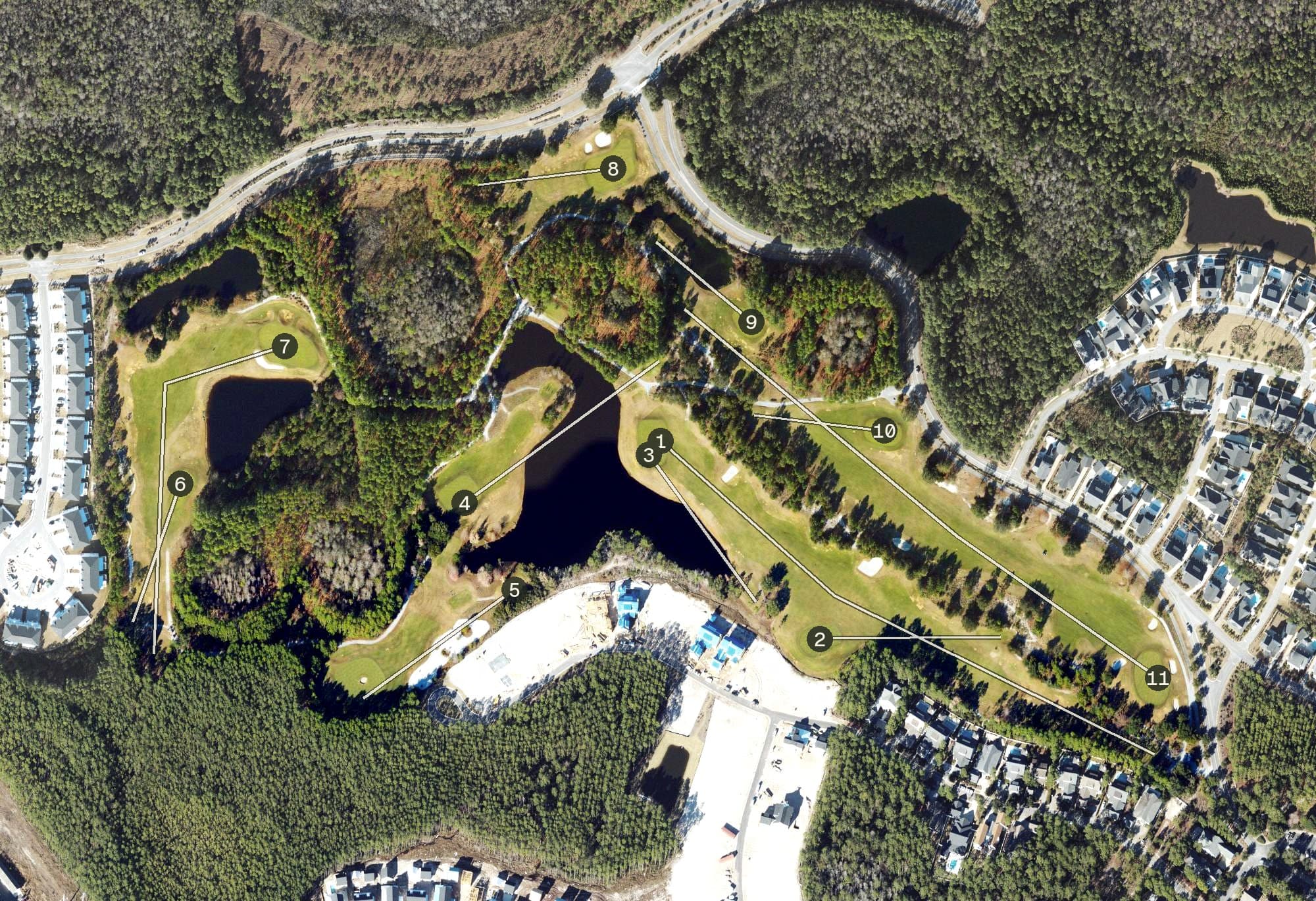 Aerial view of Origins Golf Club, FL, with its hole routing marked