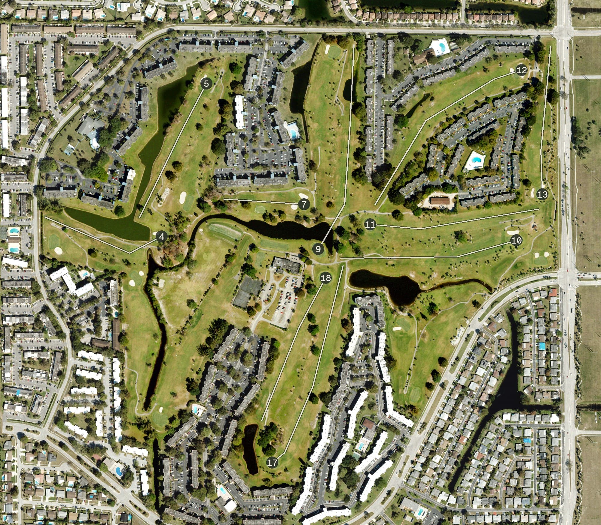 Aerial view of Oriole Golf Club, FL, with its hole routing marked