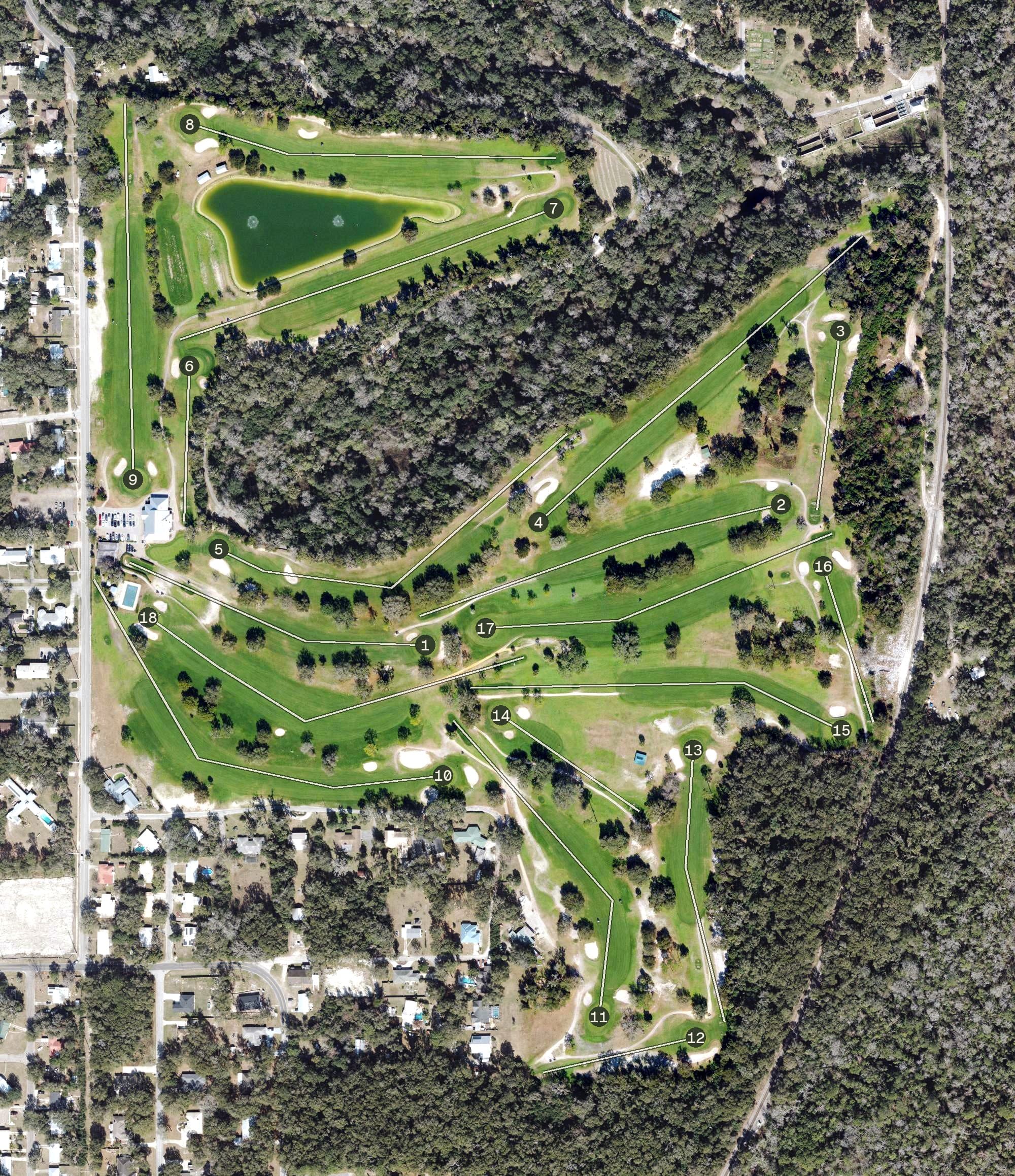 Aerial view of Palatka Golf Club, FL, with its hole routing marked