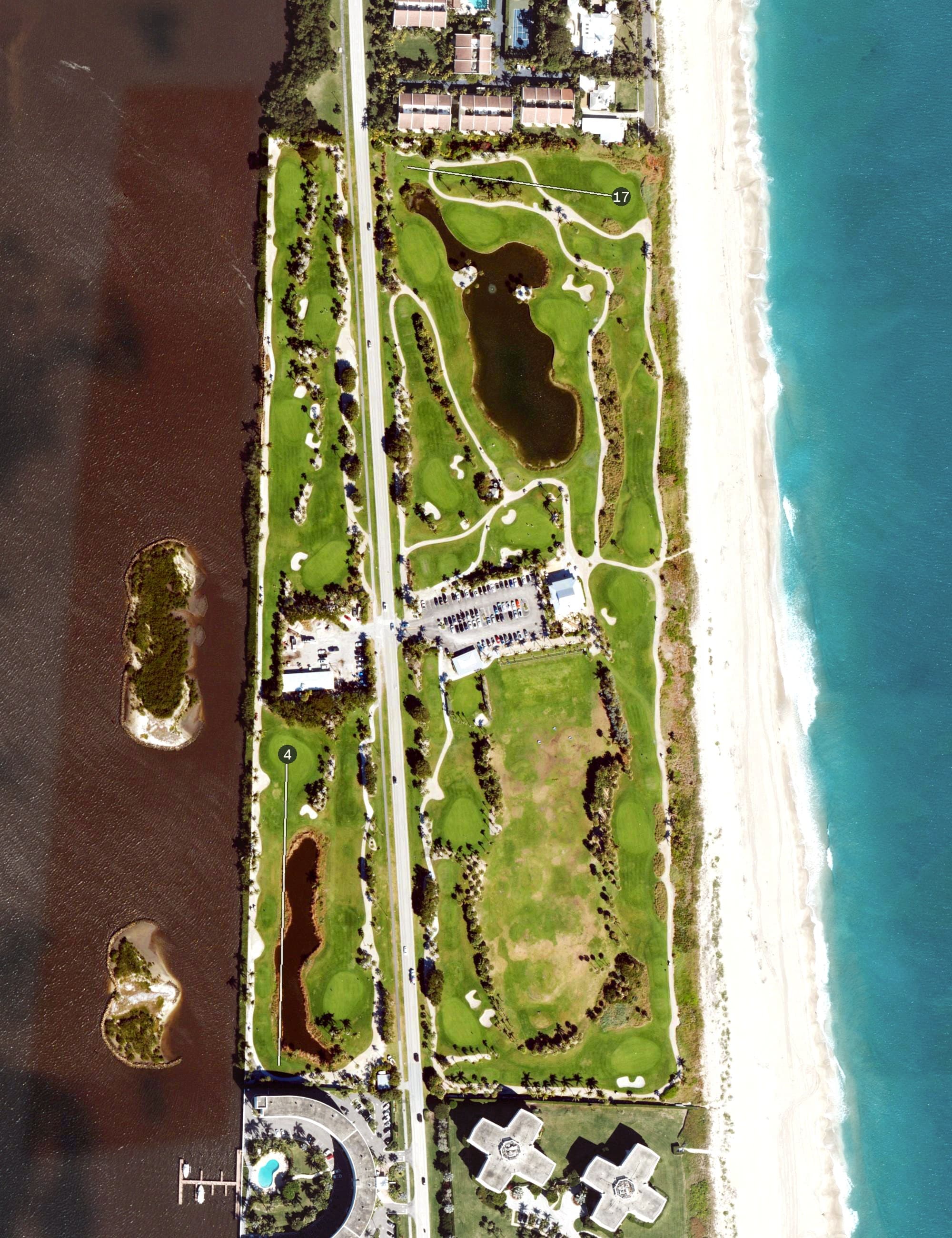 Aerial view of Palm Beach Par 3 Golf Course, FL, with its hole routing marked