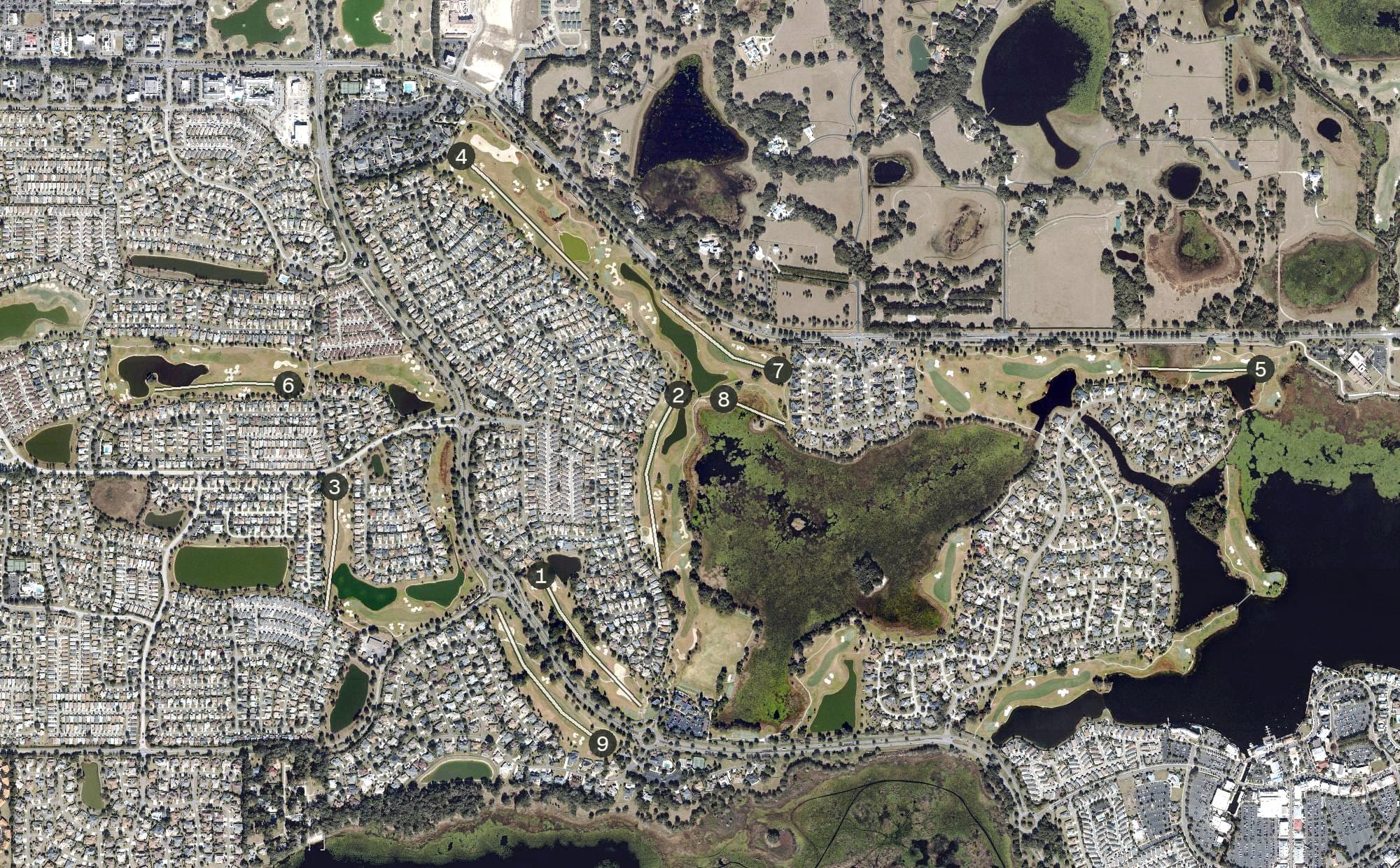 Aerial view of Palmer Legends Country Club (The Villages), FL, with its hole routing marked