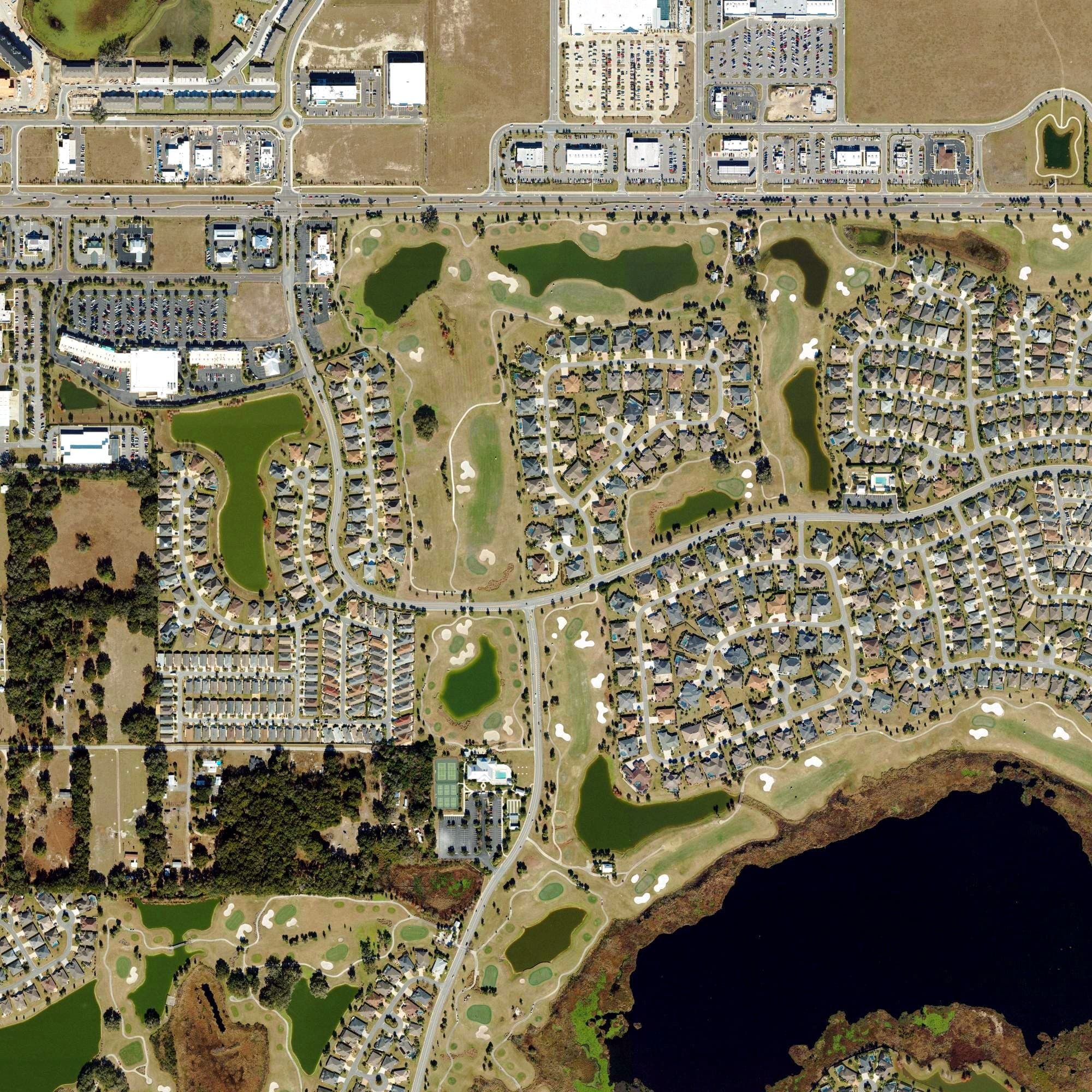 Aerial view of Palmetto Golf Course (The Villages), FL, with its hole routing marked